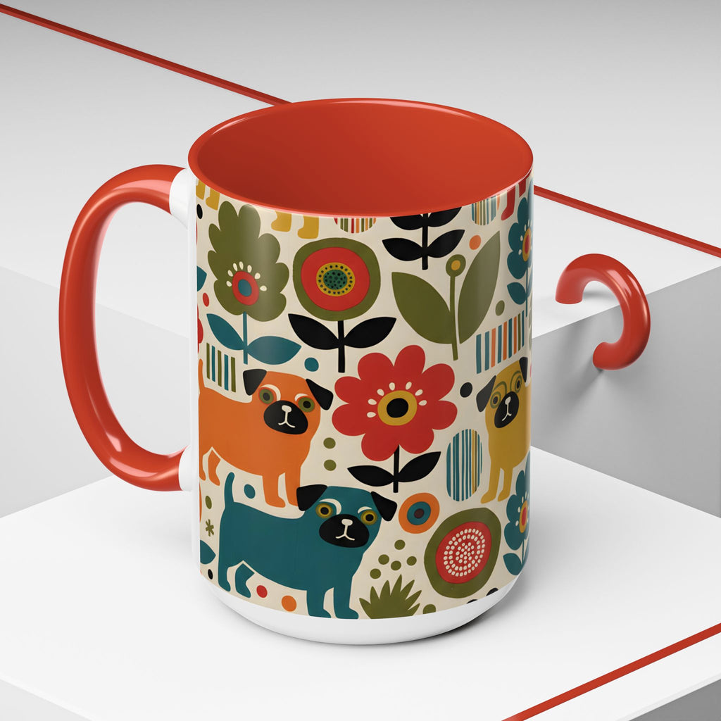 Midcentury Pug Accent Coffee Mug — Marimekko‑Style Pug Mom Gift (11/15 oz)