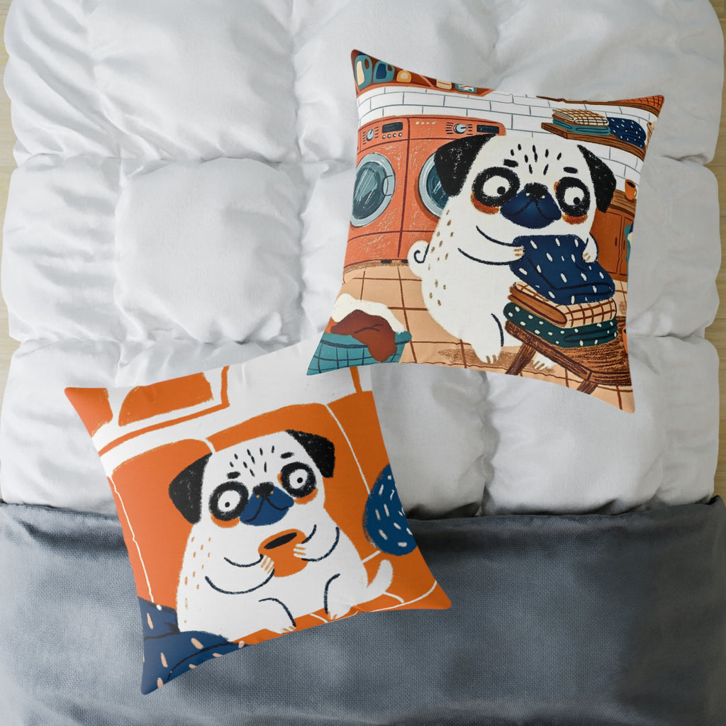 Vintage Pug Art Square Poly Canvas Pillow | Two-Sided Pug Throw Pillow