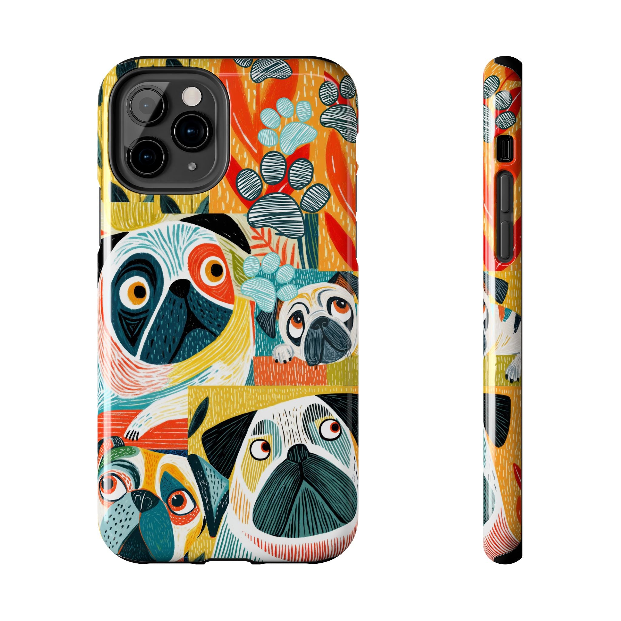 Colorful Pug Collage Phone Case | Cute Dog Art, Floral Accents