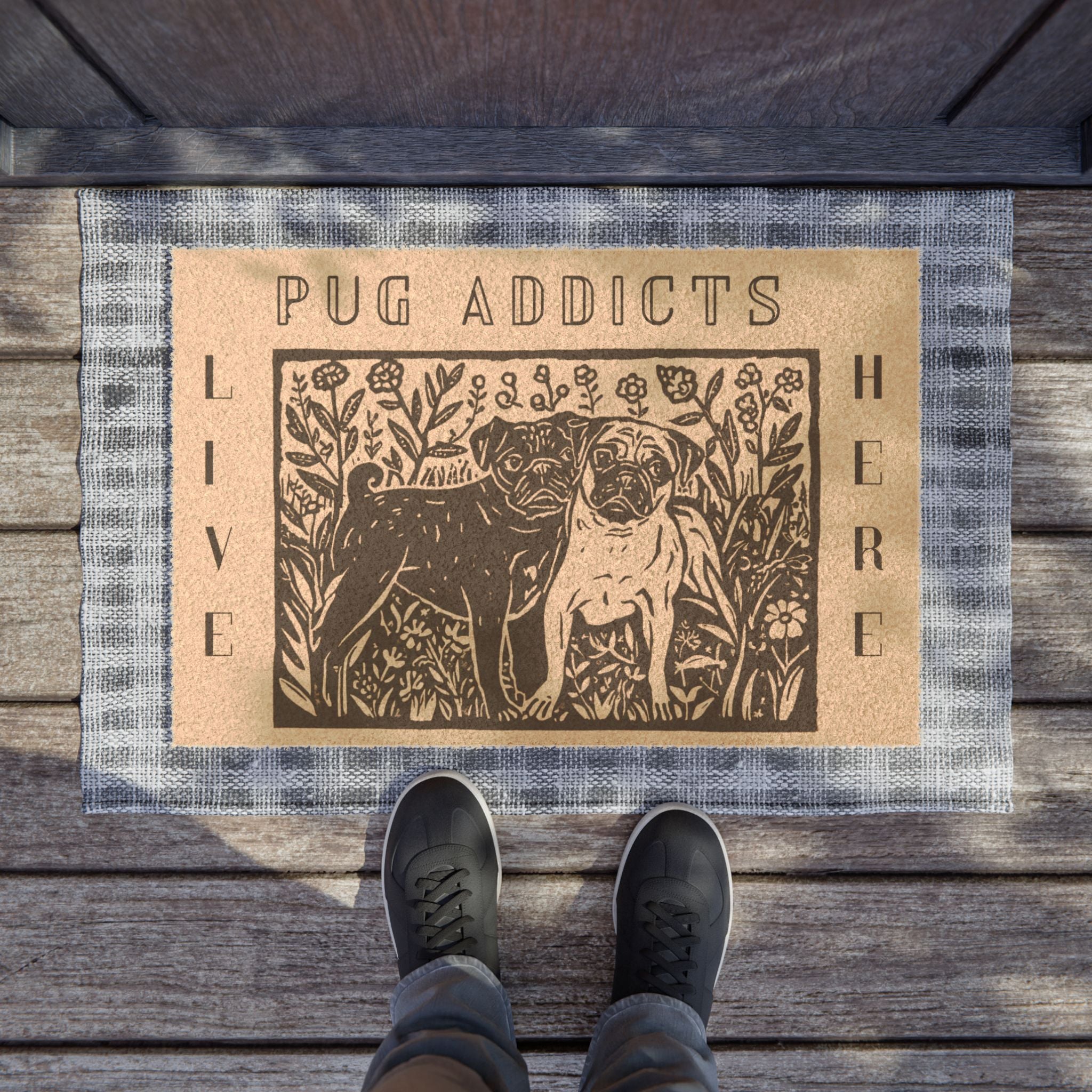 Linocut Pug Welcome Mat Doormat | Fawn & Black Pug Door Mat, Pug Lover Home Decor