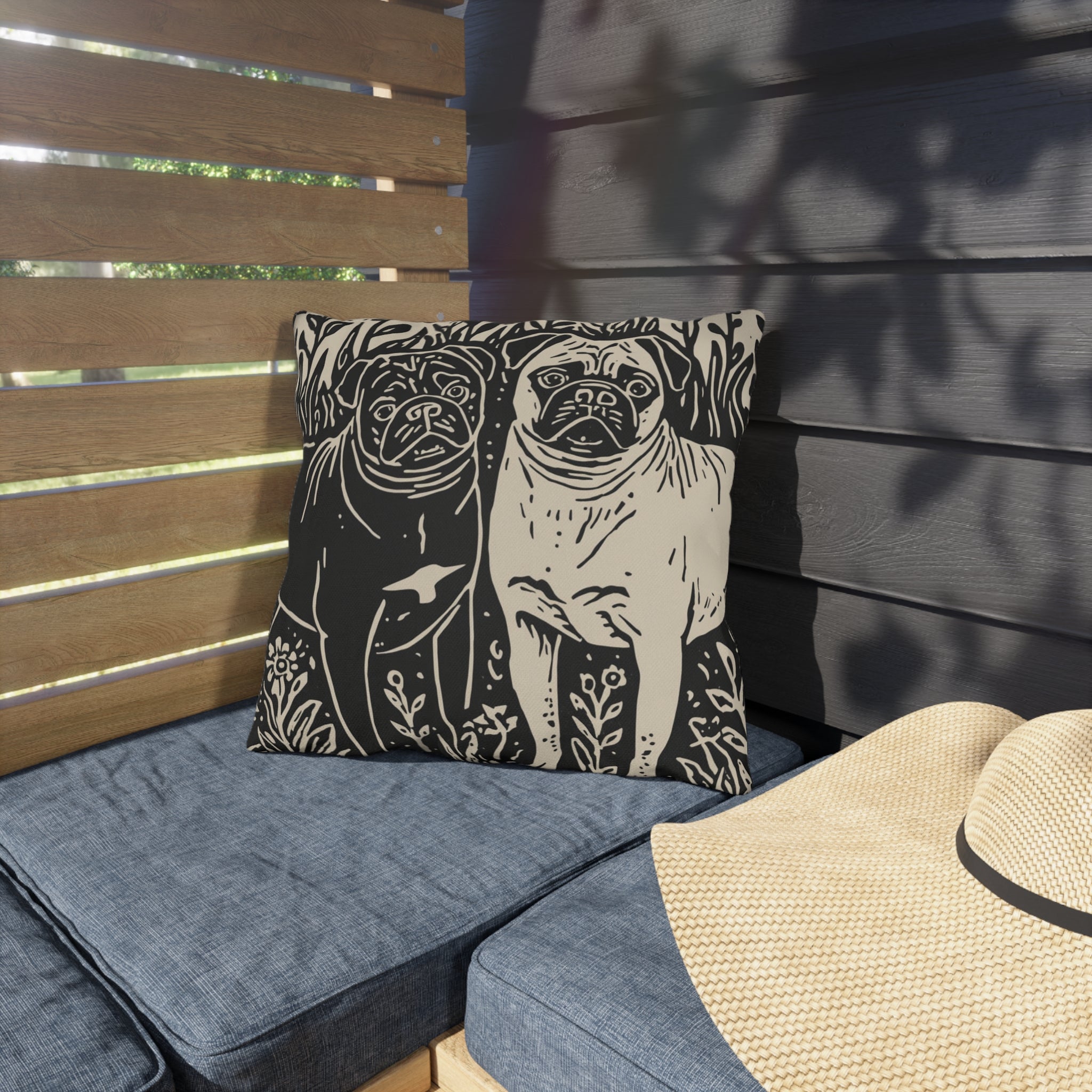 Black and Fawn Pug linocut Art Outdoor Pillows | Pug Patio Decor, Waterproof Two-Sided