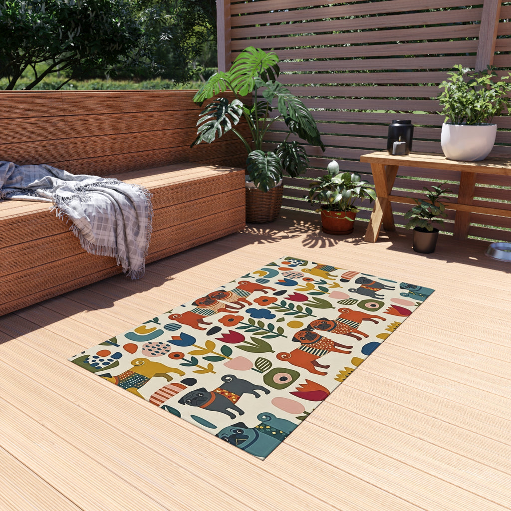 Scandinavian Folk Dogs Outdoor Rug | Floral Pattern Patio Mat