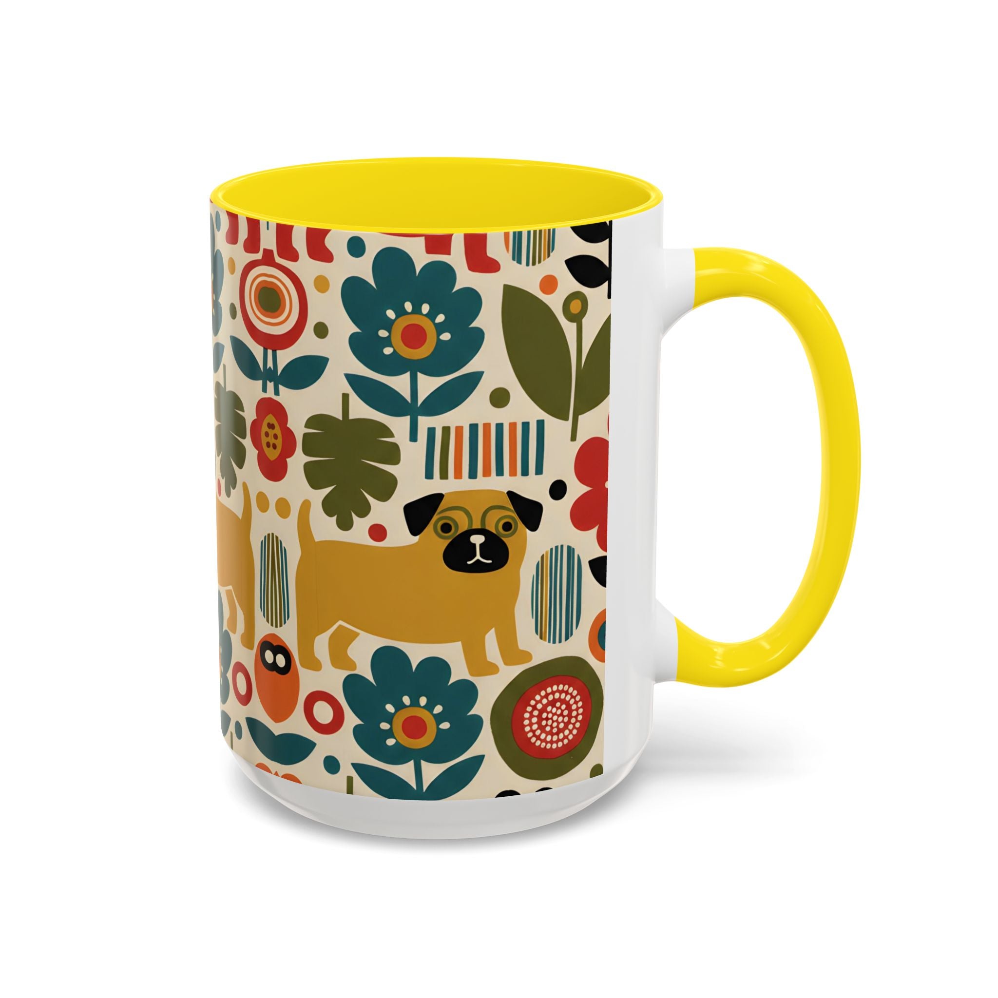 Midcentury Pug Accent Coffee Mug — Marimekko‑Style Pug Mom Gift (11/15 oz)