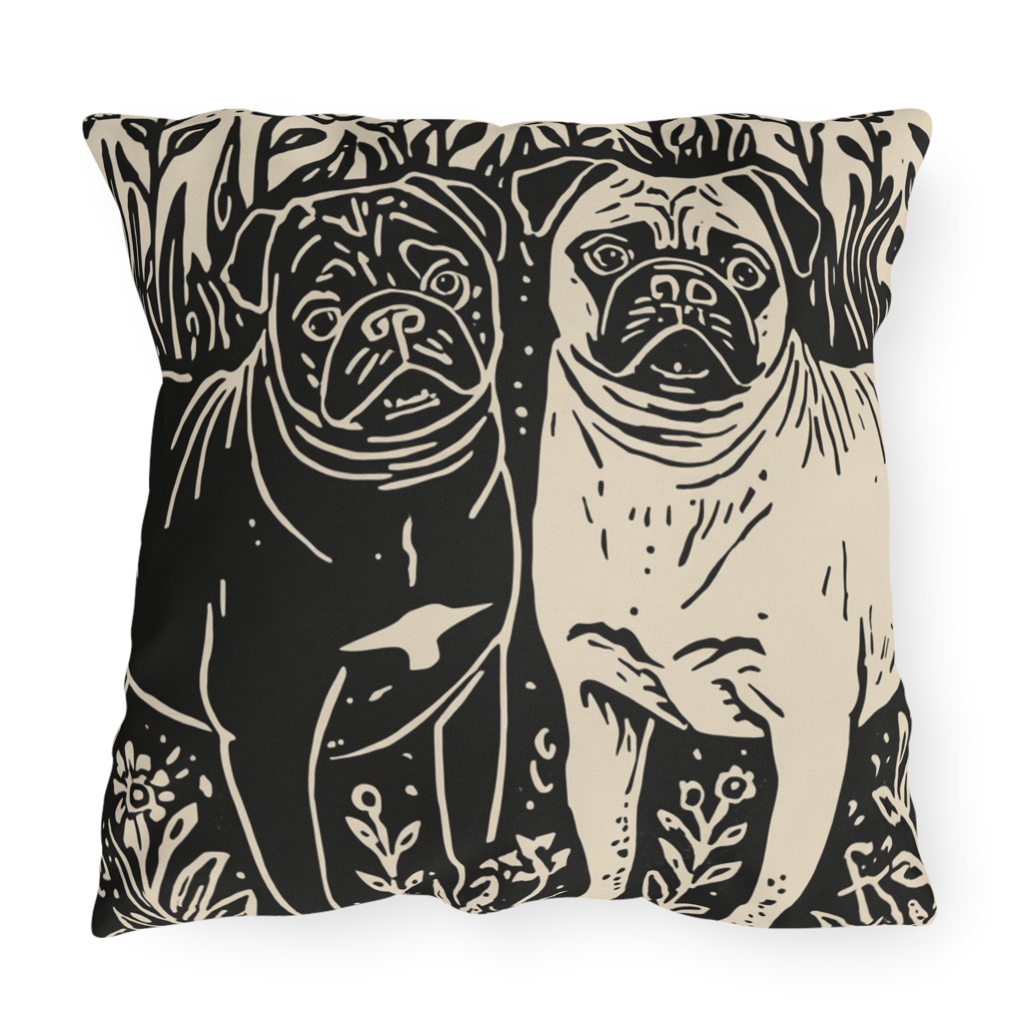 Black and Fawn Pug linocut Art Outdoor Pillows | Pug Patio Decor, Waterproof Two-Sided