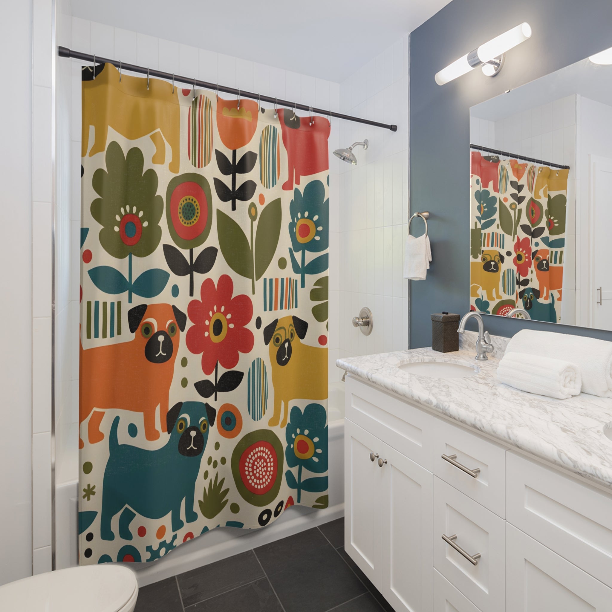 Midcentury Marimekko Style Pug Shower Curtain | Pugtrovert Statement Piece