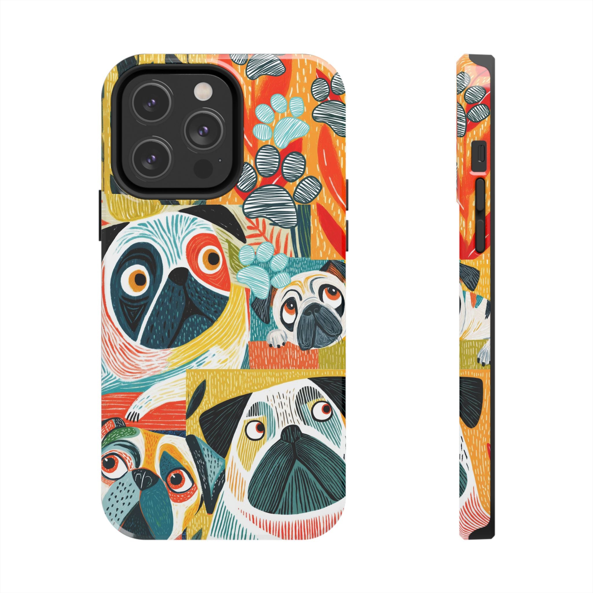 Colorful Pug Collage Phone Case | Cute Dog Art, Floral Accents