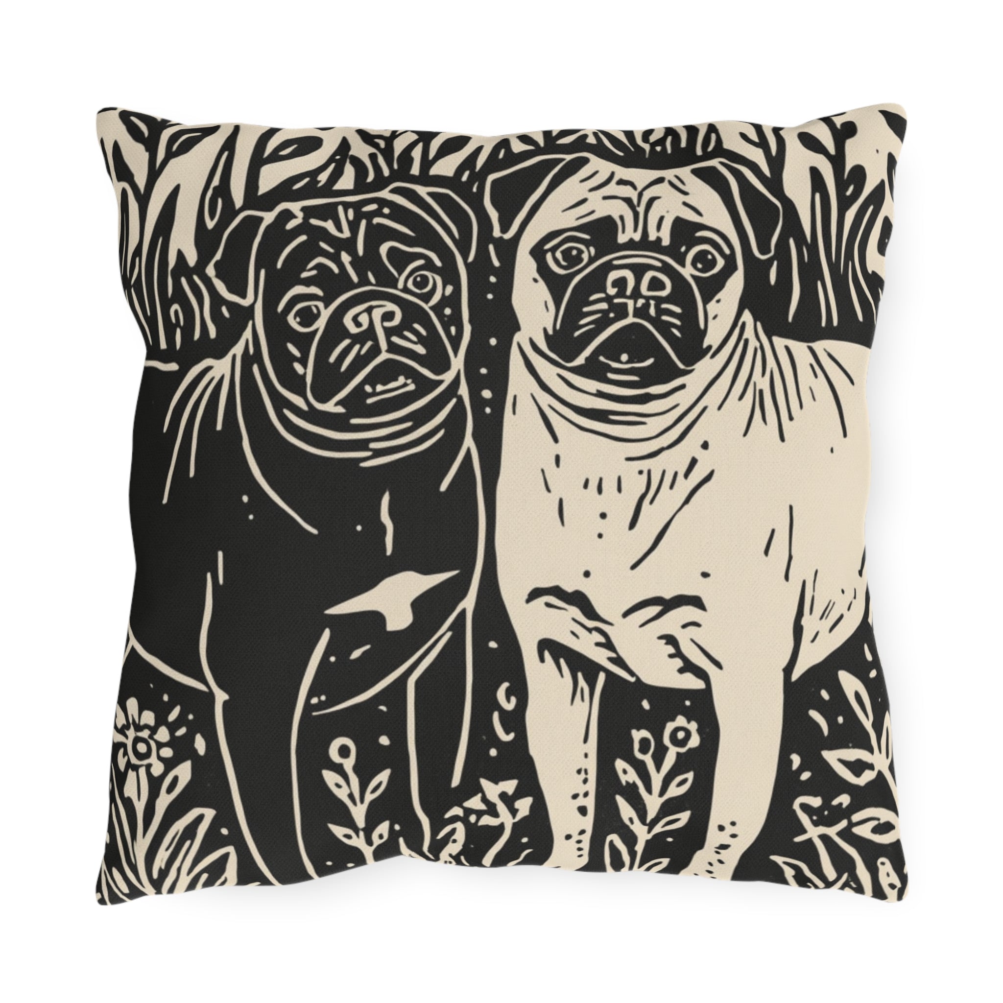 Black and Fawn Pug linocut Art Outdoor Pillows | Pug Patio Decor, Waterproof Two-Sided
