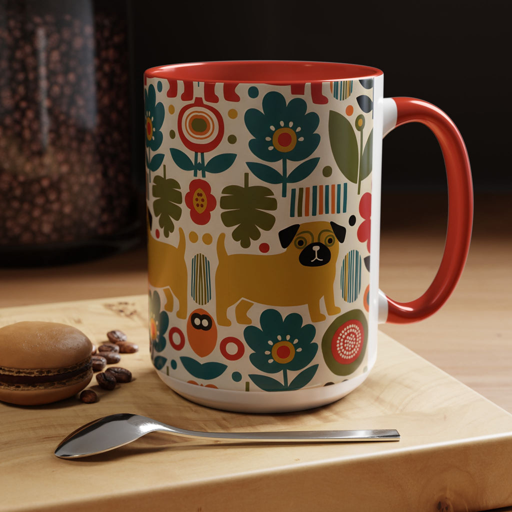 Midcentury Pug Accent Coffee Mug — Marimekko‑Style Pug Mom Gift (11/15 oz)