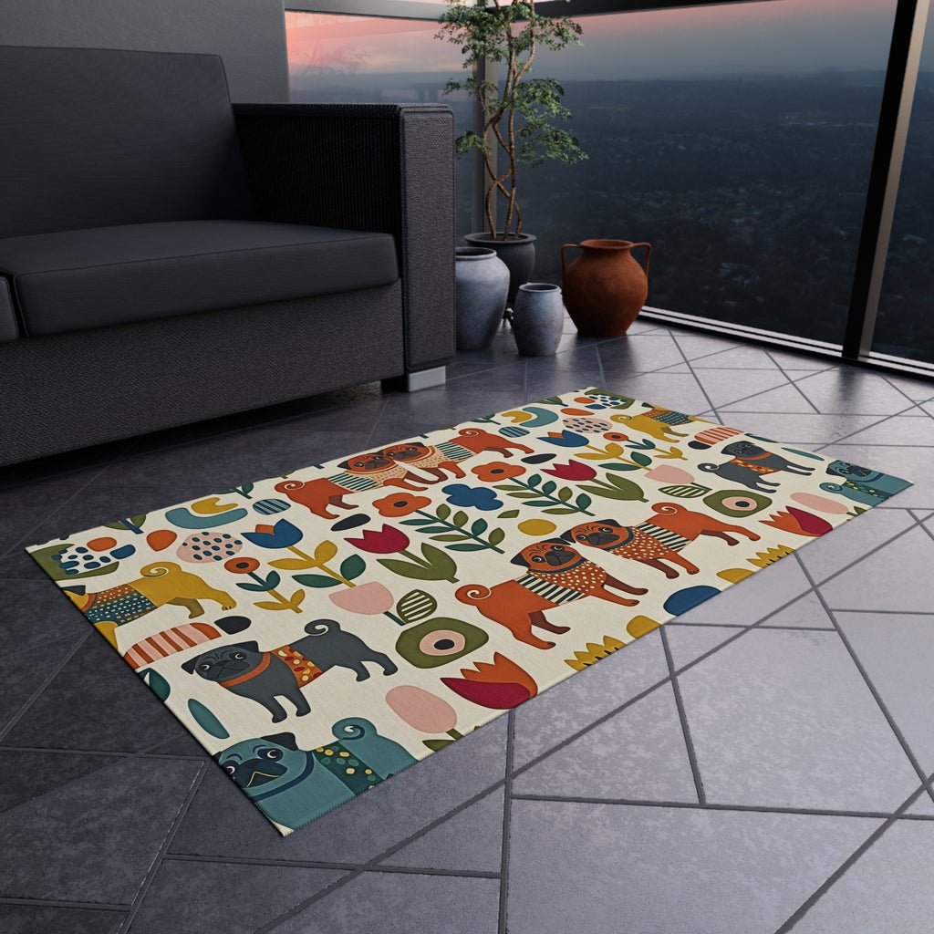 Scandinavian Folk Dogs Outdoor Rug | Floral Pattern Patio Mat