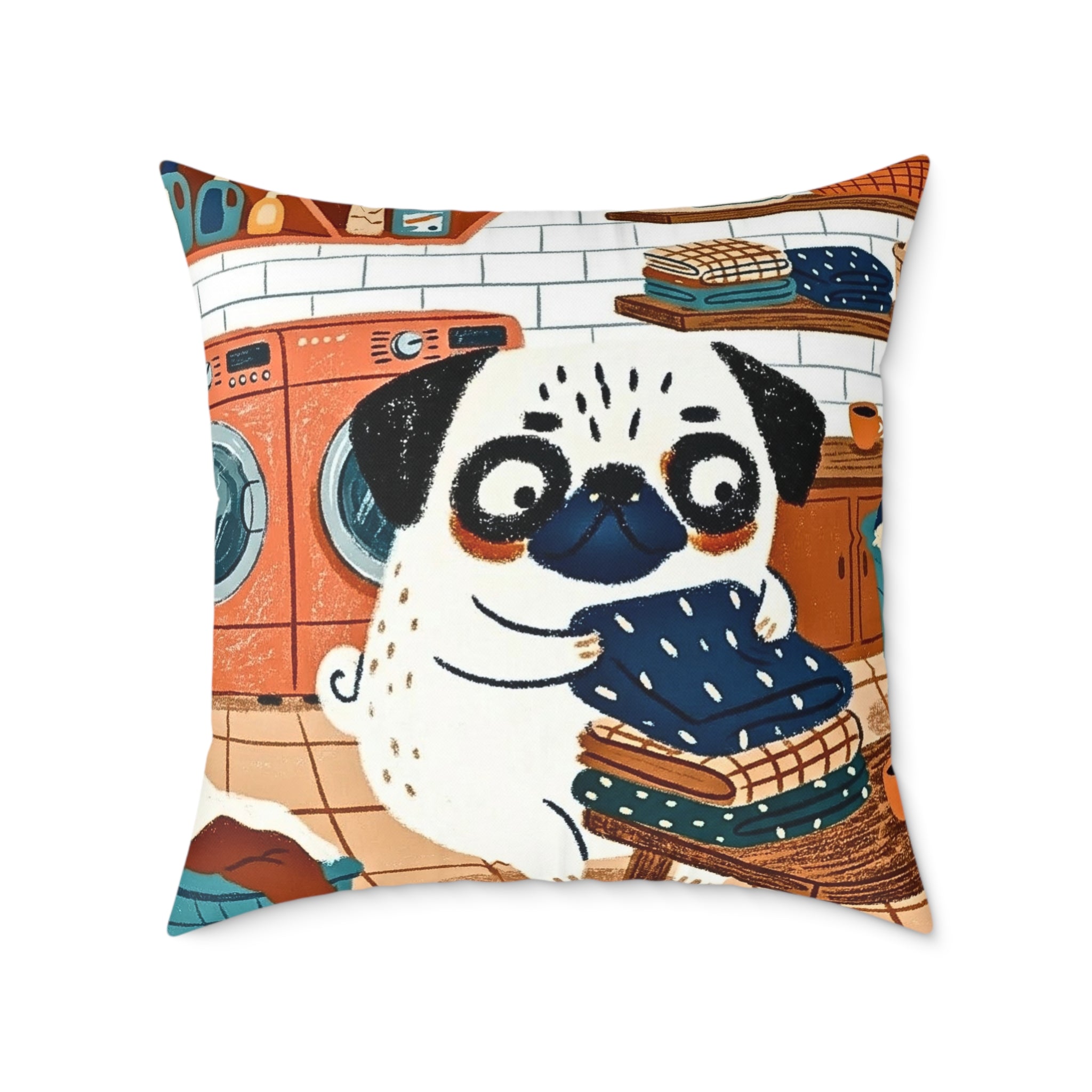 Vintage Pug Art Square Poly Canvas Pillow | Two-Sided Pug Throw Pillow