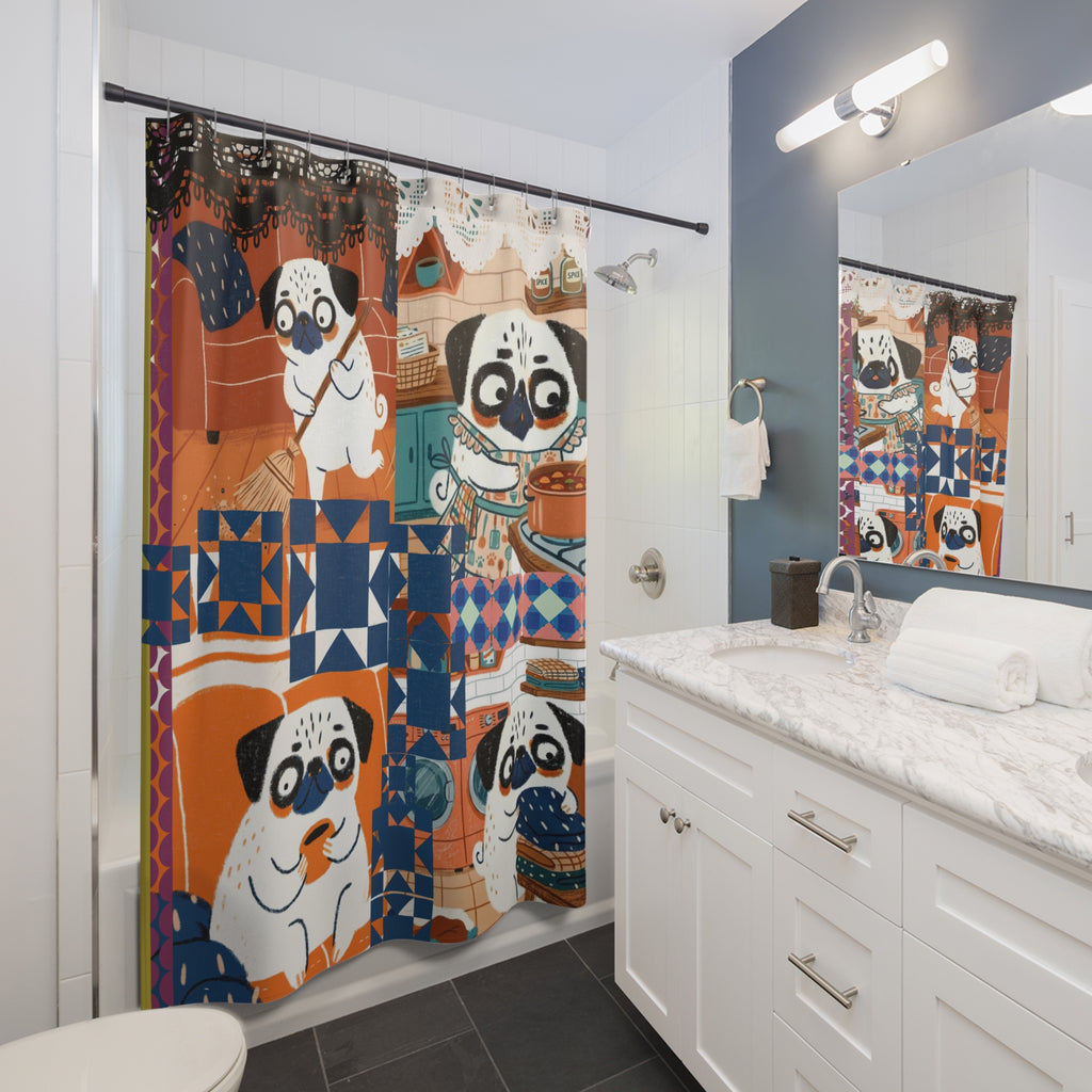 Pug Quilt Pattern Shower Curtain | Pug Dog Bathroom Decor, Pugtrotvert