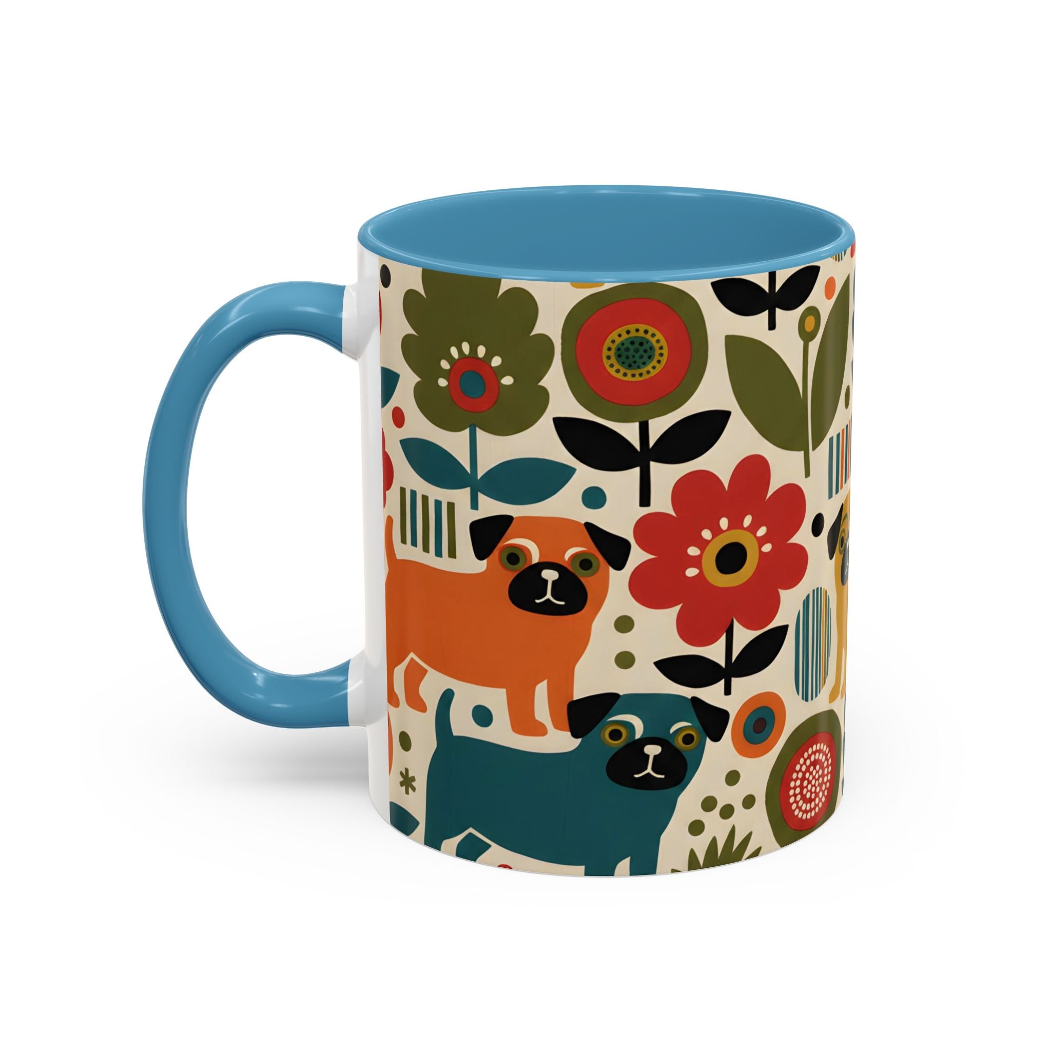 Midcentury Pug Accent Coffee Mug — Marimekko‑Style Pug Mom Gift (11/15 oz)