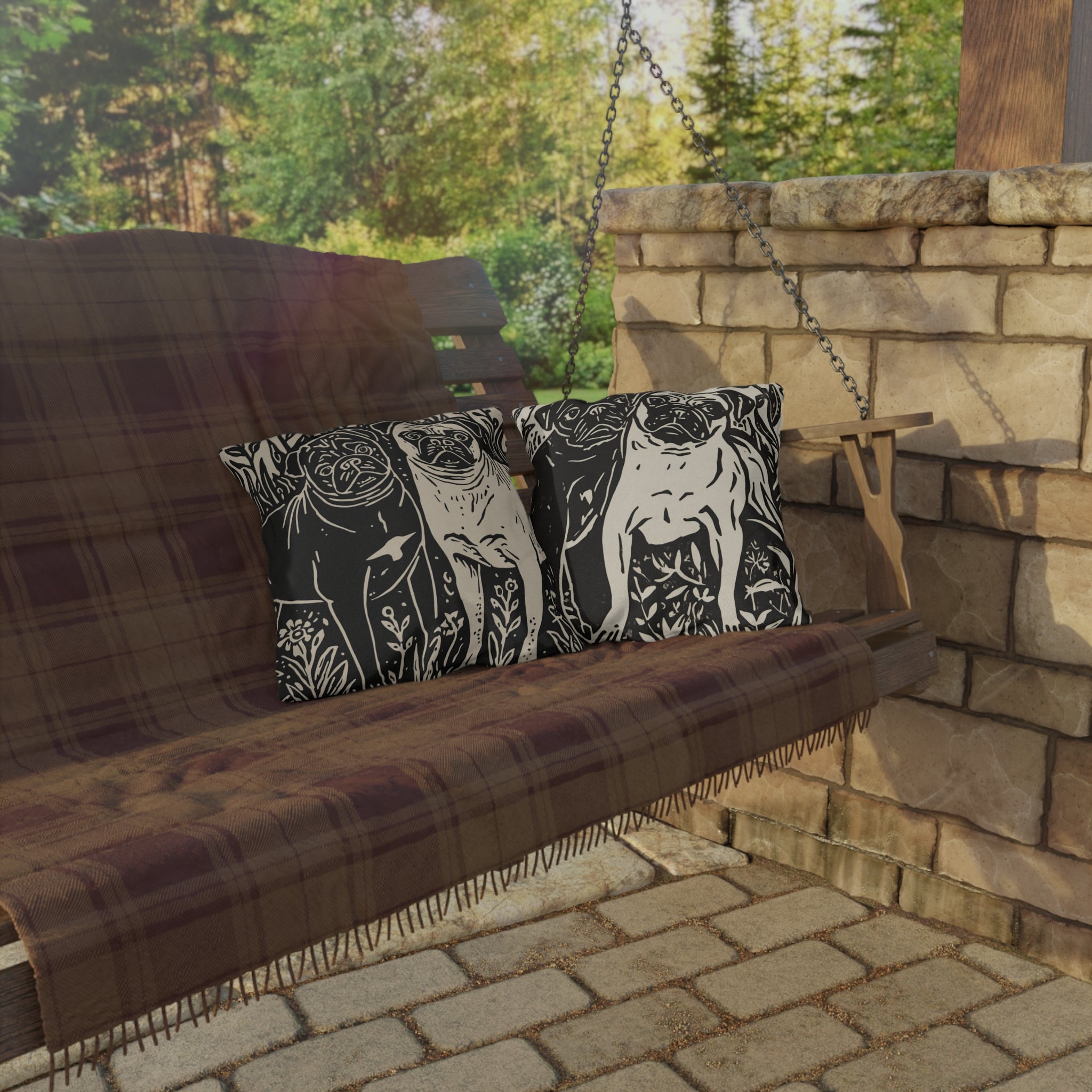 Black and Fawn Pug linocut Art Outdoor Pillows | Pug Patio Decor, Waterproof Two-Sided