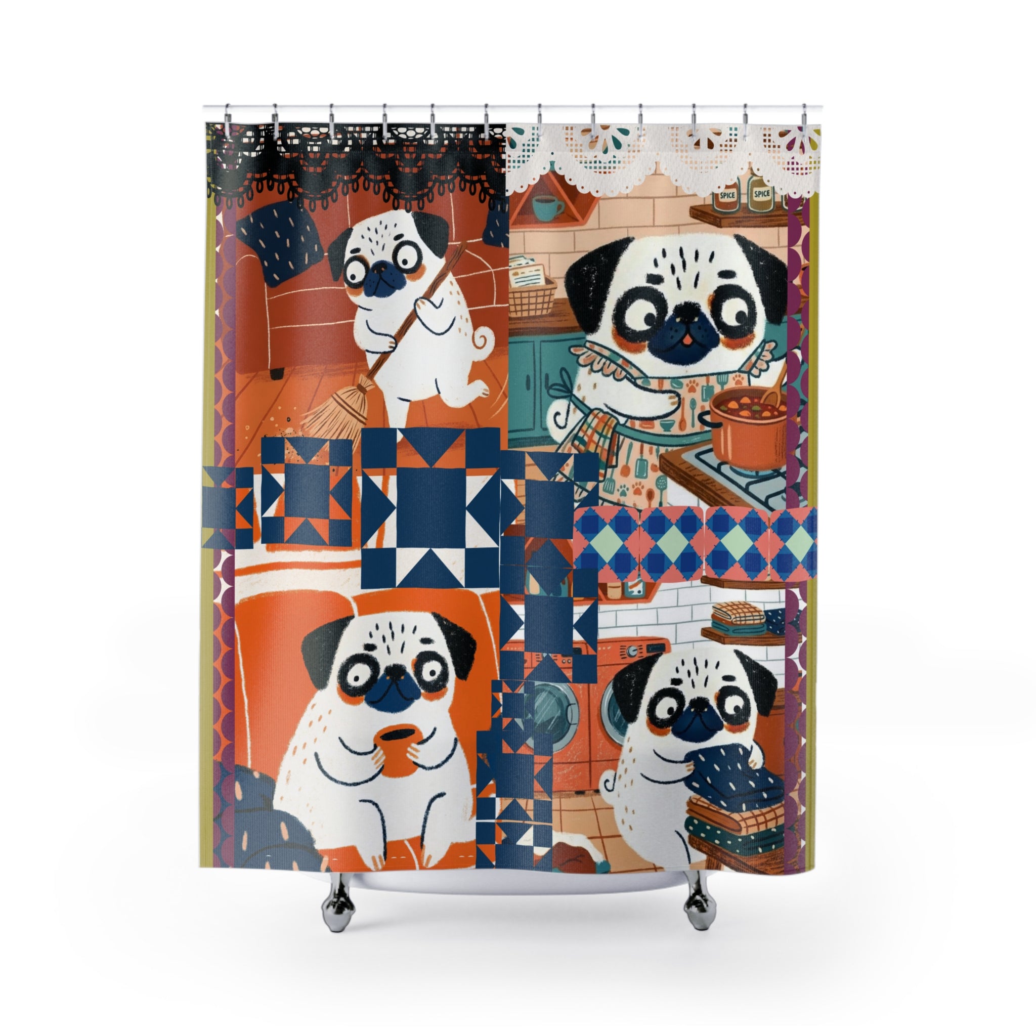 Pug Quilt Pattern Shower Curtain | Pug Dog Bathroom Decor, Pugtrotvert