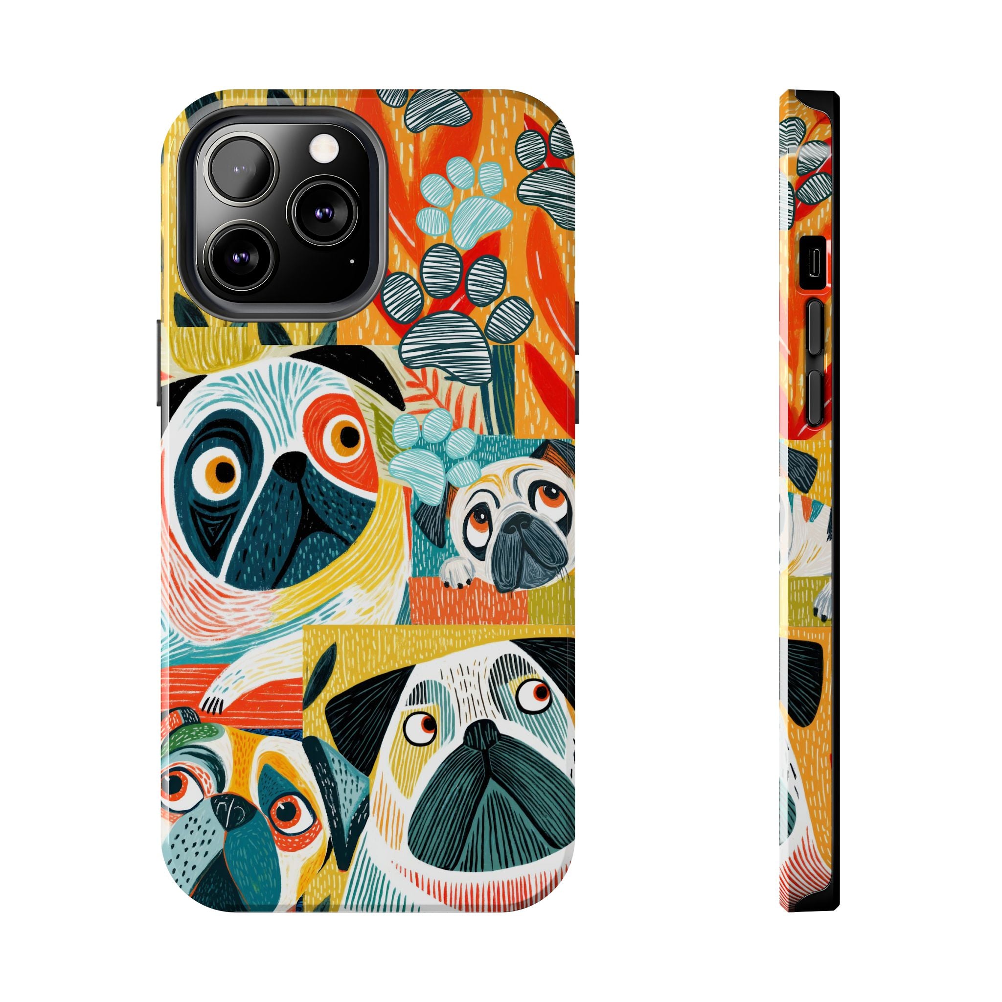 Colorful Pug Collage Phone Case | Cute Dog Art, Floral Accents