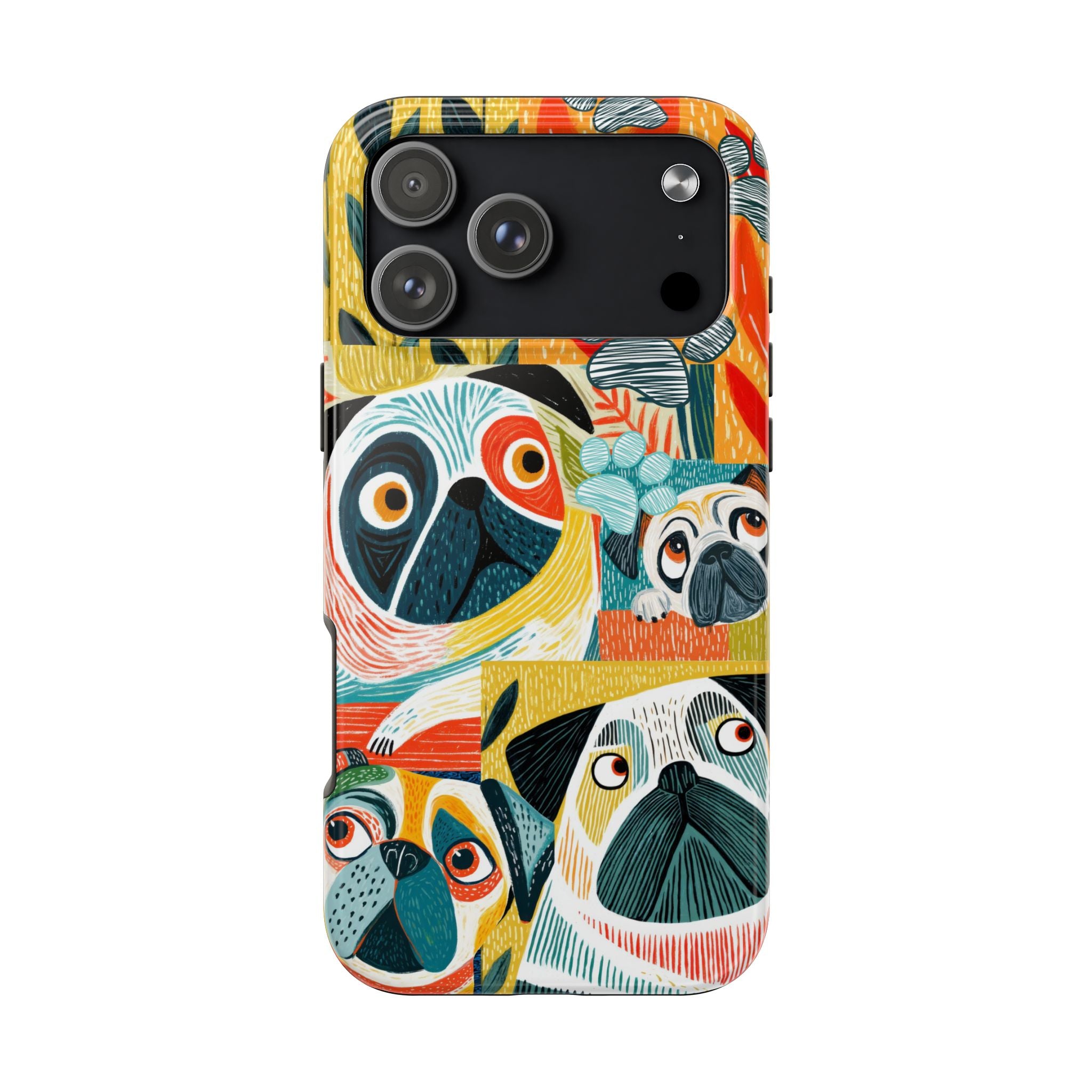 Colorful Pug Collage Phone Case | Cute Dog Art, Floral Accents