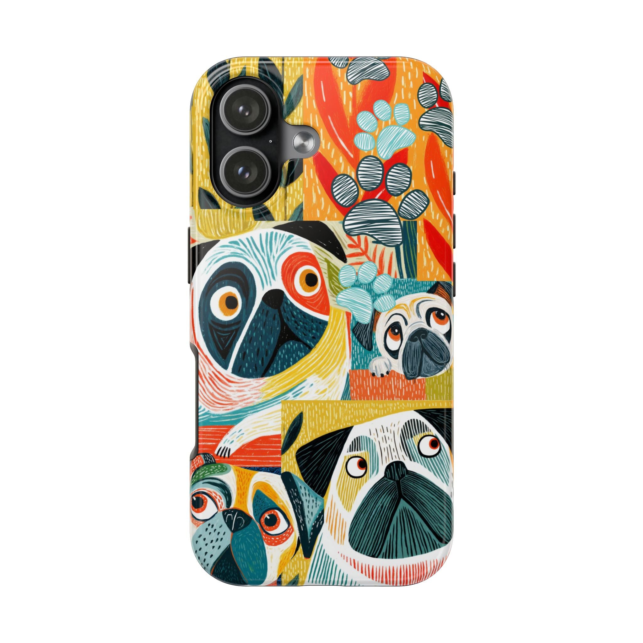 Colorful Pug Collage Phone Case | Cute Dog Art, Floral Accents
