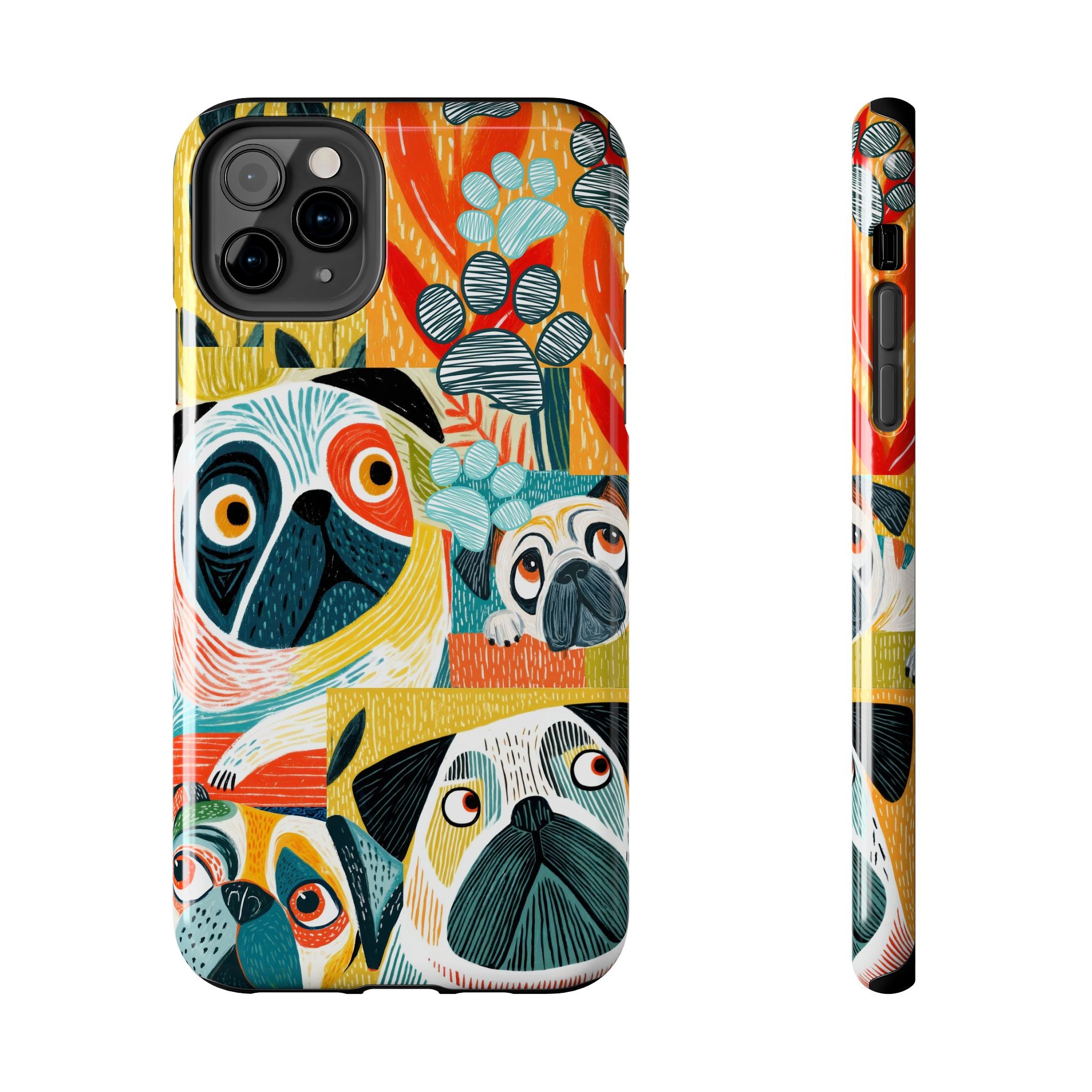 Colorful Pug Collage Phone Case | Cute Dog Art, Floral Accents