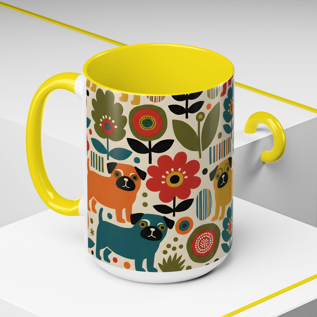 Midcentury Pug Accent Coffee Mug — Marimekko‑Style Pug Mom Gift (11/15 oz)