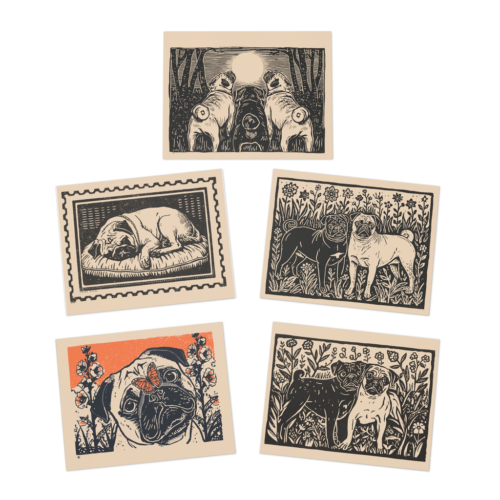 Pug Linocut Greeting Cards 5-Pack | Blank Pug Stationery with Envelopes, Bespoke Fine Art Prints, Thank you for Pug Sitter or Groomer