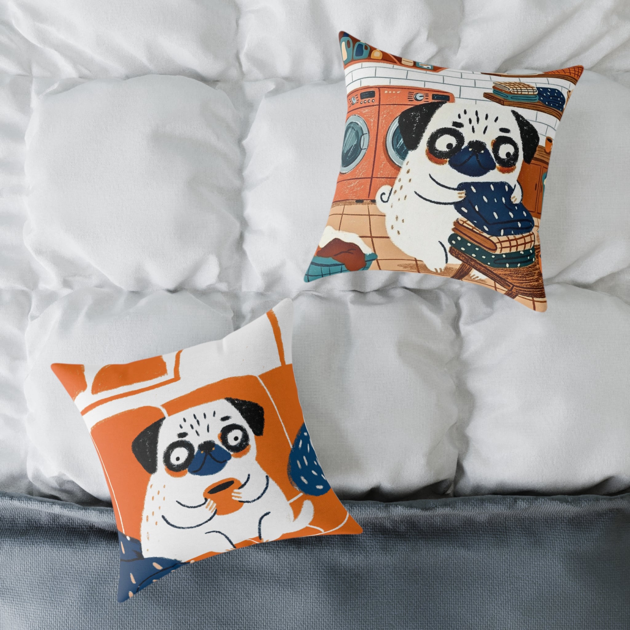 Vintage Pug Art Square Poly Canvas Pillow | Two-Sided Pug Throw Pillow