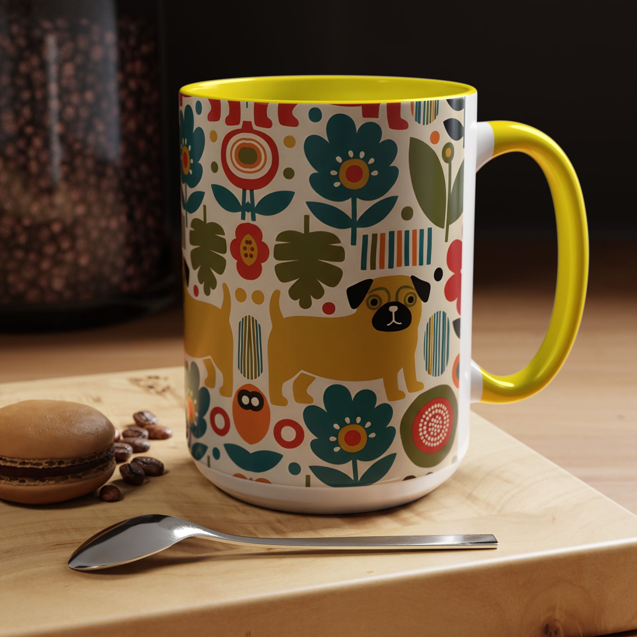 Midcentury Pug Accent Coffee Mug — Marimekko‑Style Pug Mom Gift (11/15 oz)