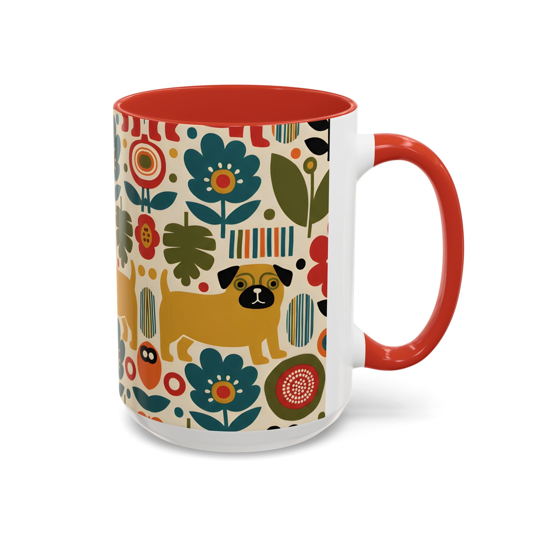 Midcentury Pug Accent Coffee Mug — Marimekko‑Style Pug Mom Gift (11/15 oz)