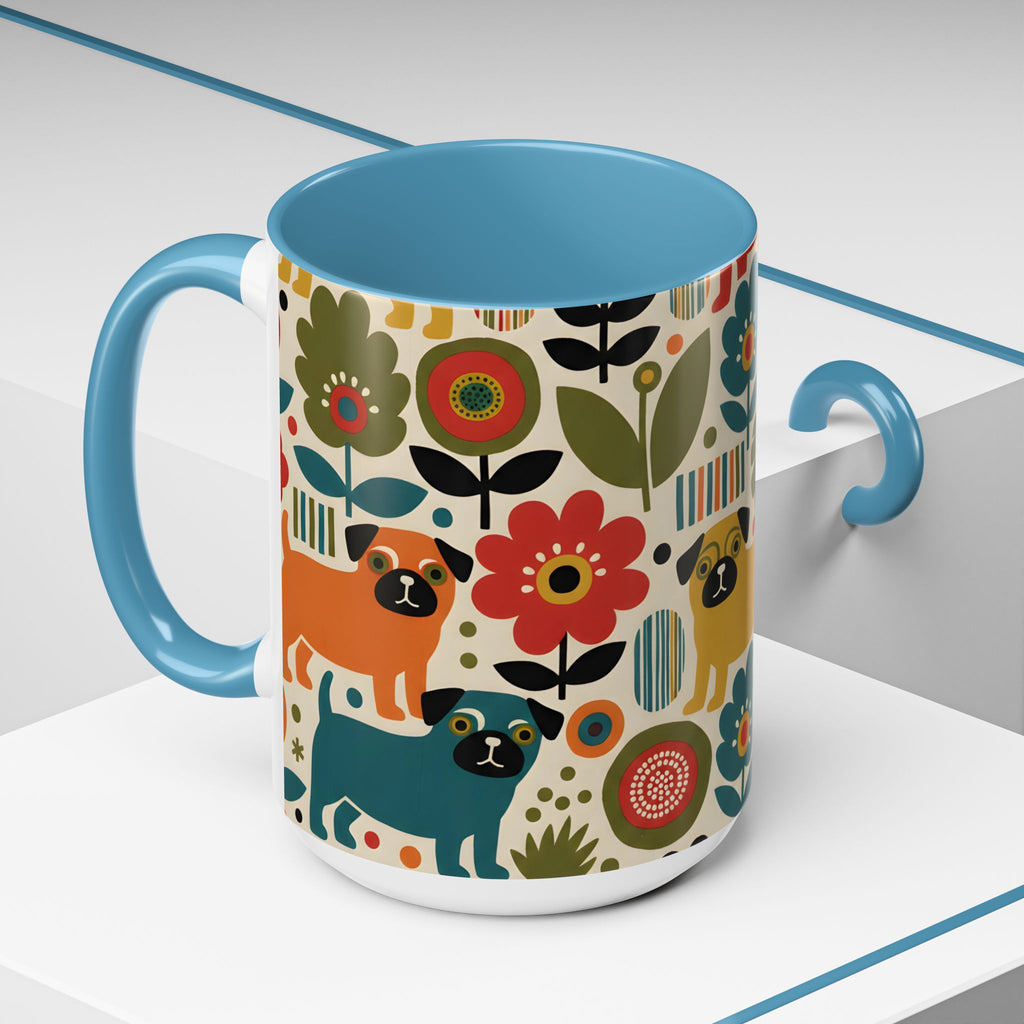 Midcentury Pug Accent Coffee Mug — Marimekko‑Style Pug Mom Gift (11/15 oz)
