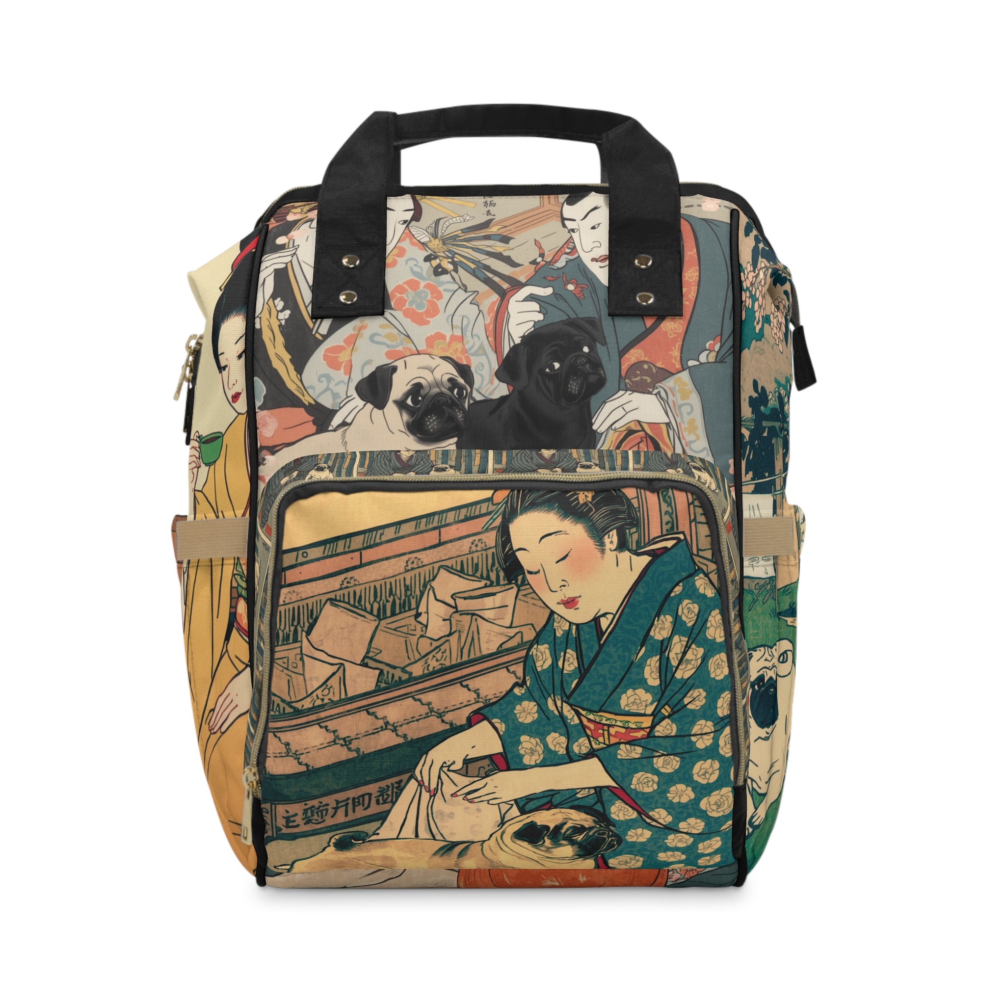 Vintage Japanese Ukiyo-e People & Pugs Diaper Backpack | Art Print Backpack