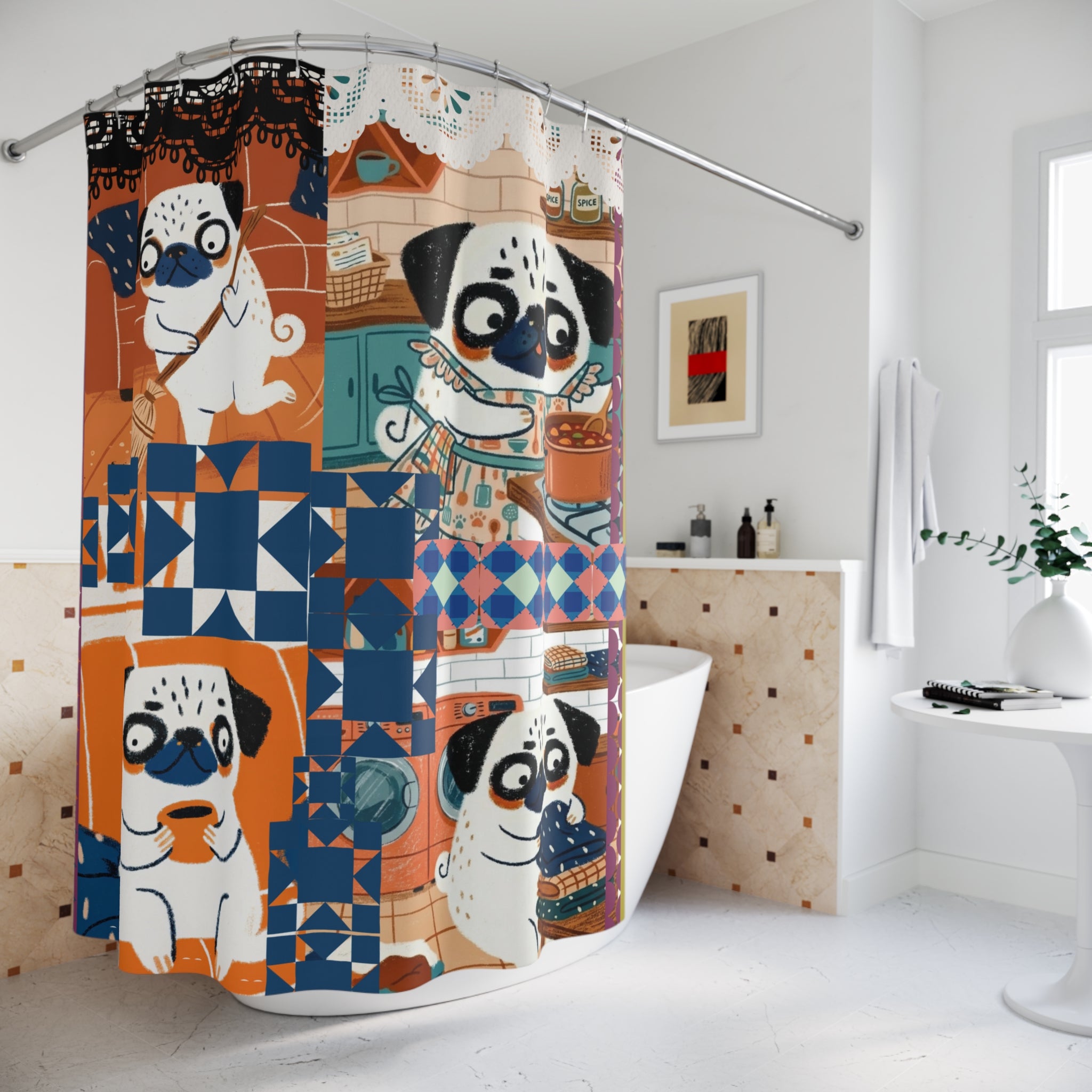Pug Quilt Pattern Shower Curtain | Pug Dog Bathroom Decor, Pugtrotvert