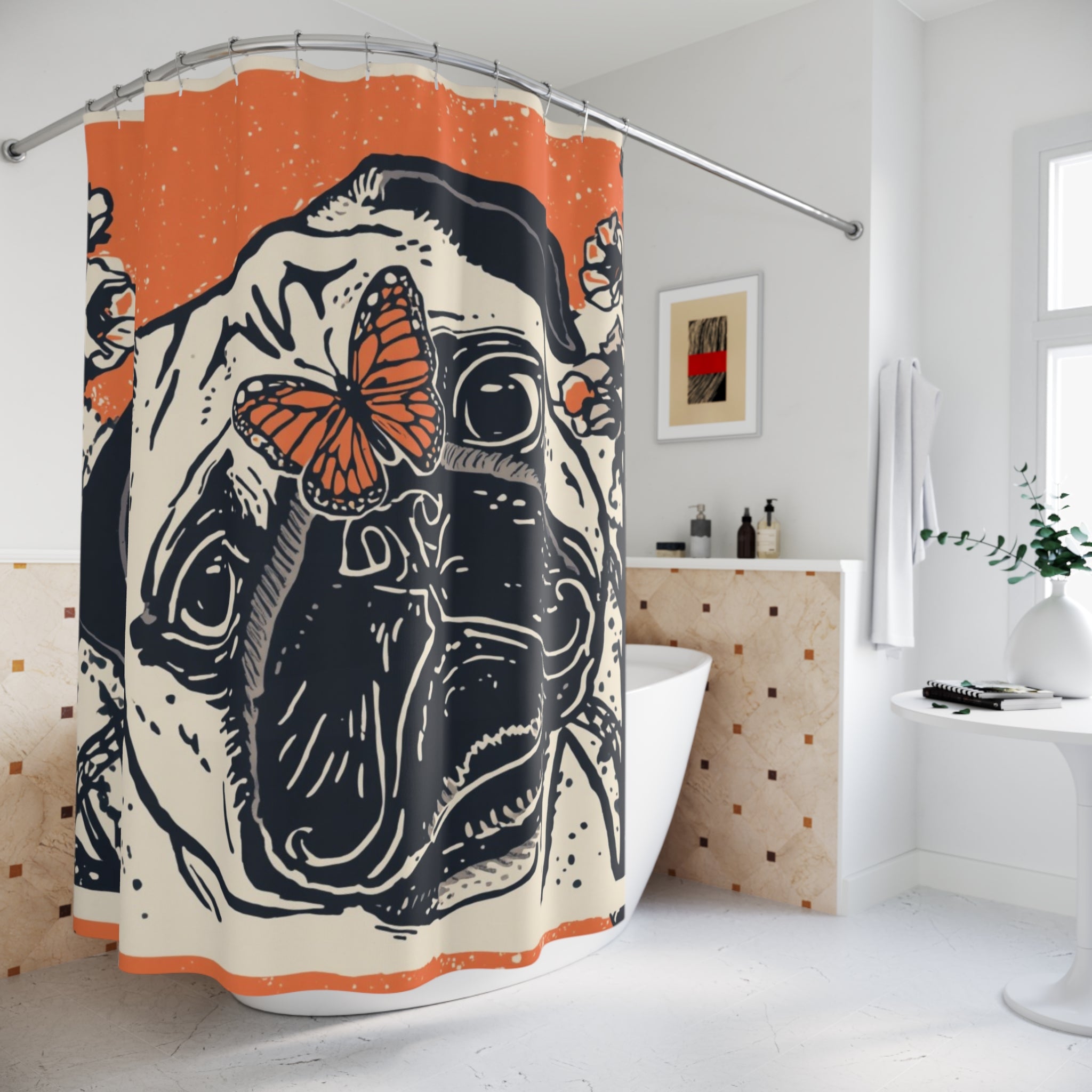 Pug Linocut Art Shower Curtain | Vintage Pug Bathroom Decor