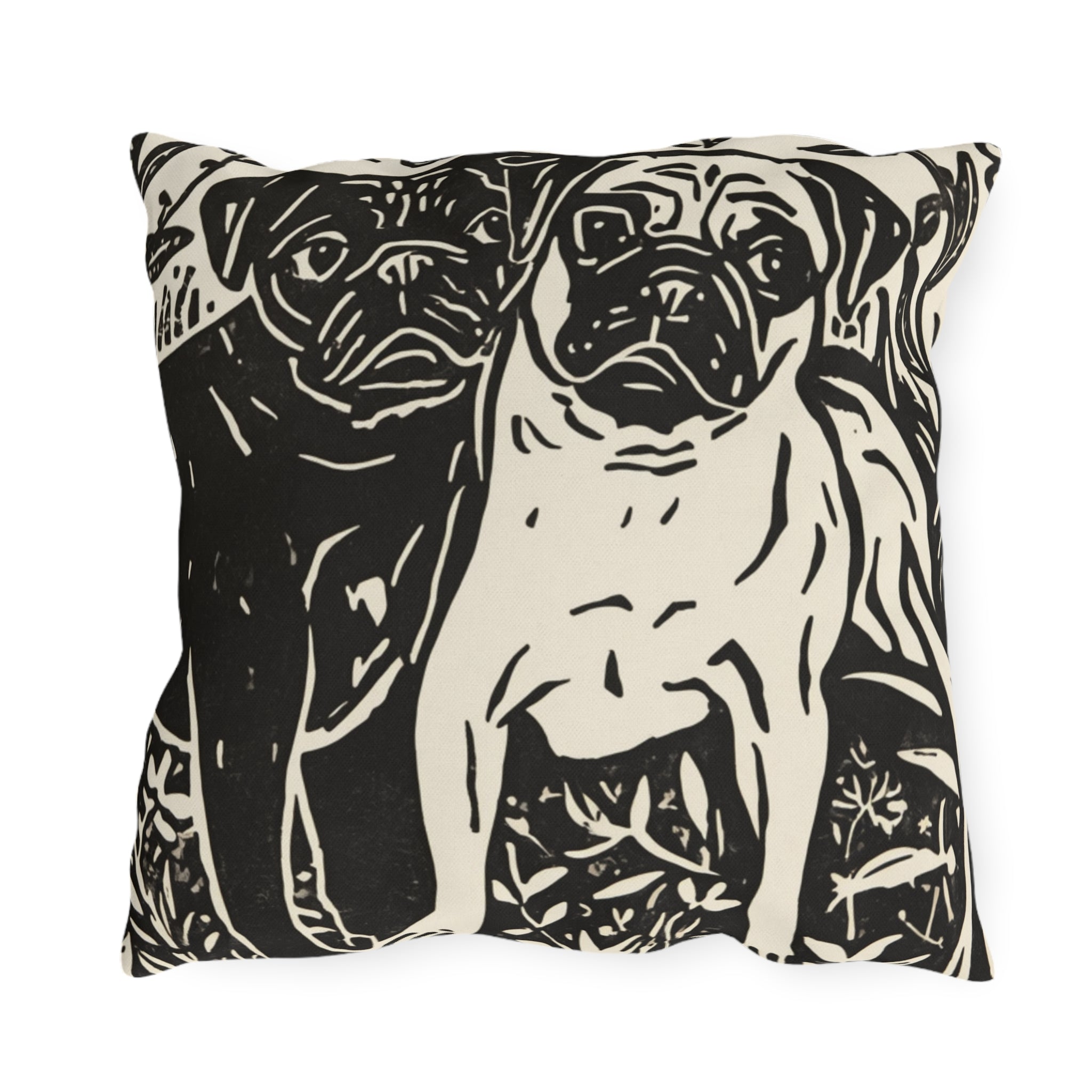 Black and Fawn Pug linocut Art Outdoor Pillows | Pug Patio Decor, Waterproof Two-Sided