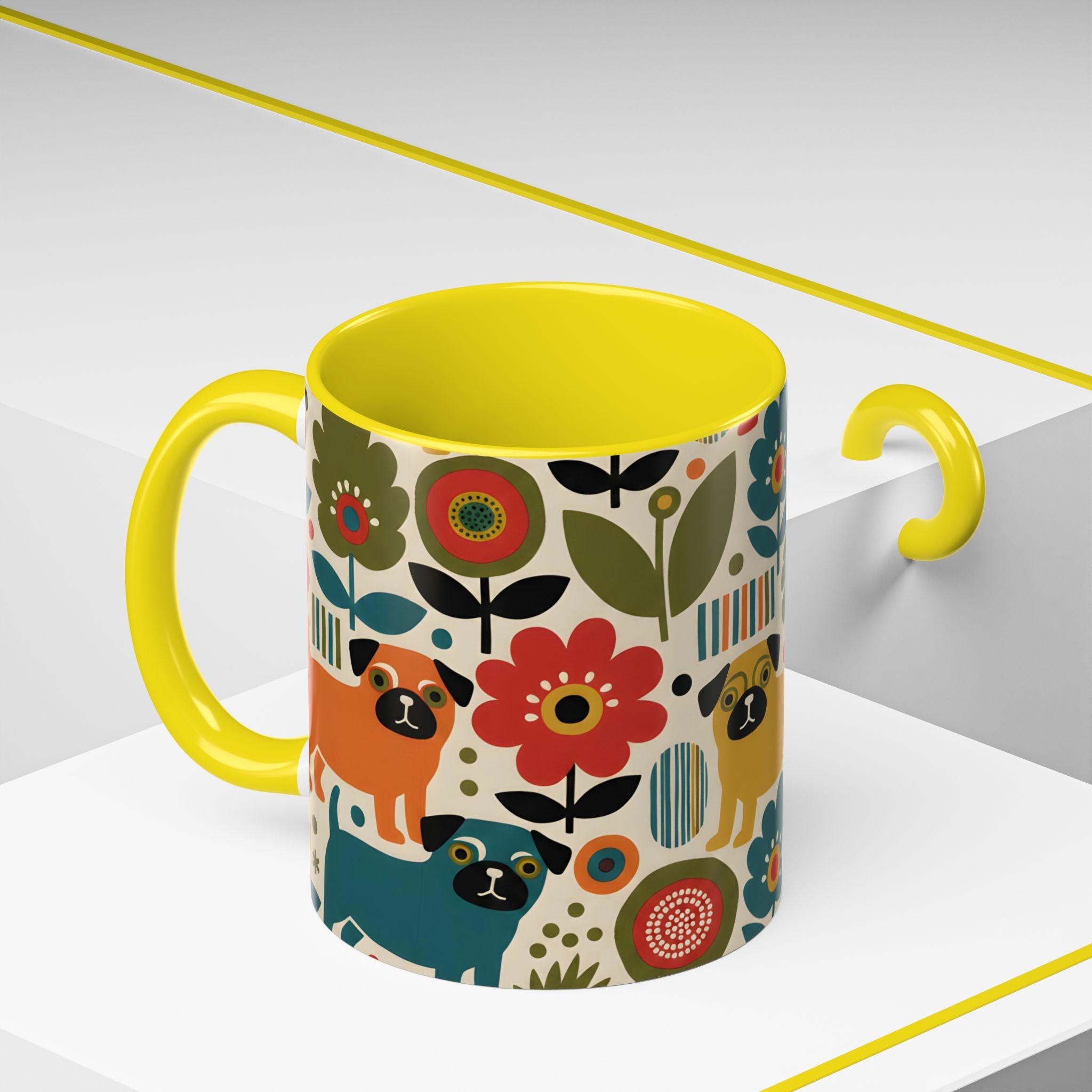 Midcentury Pug Accent Coffee Mug — Marimekko‑Style Pug Mom Gift (11/15 oz)