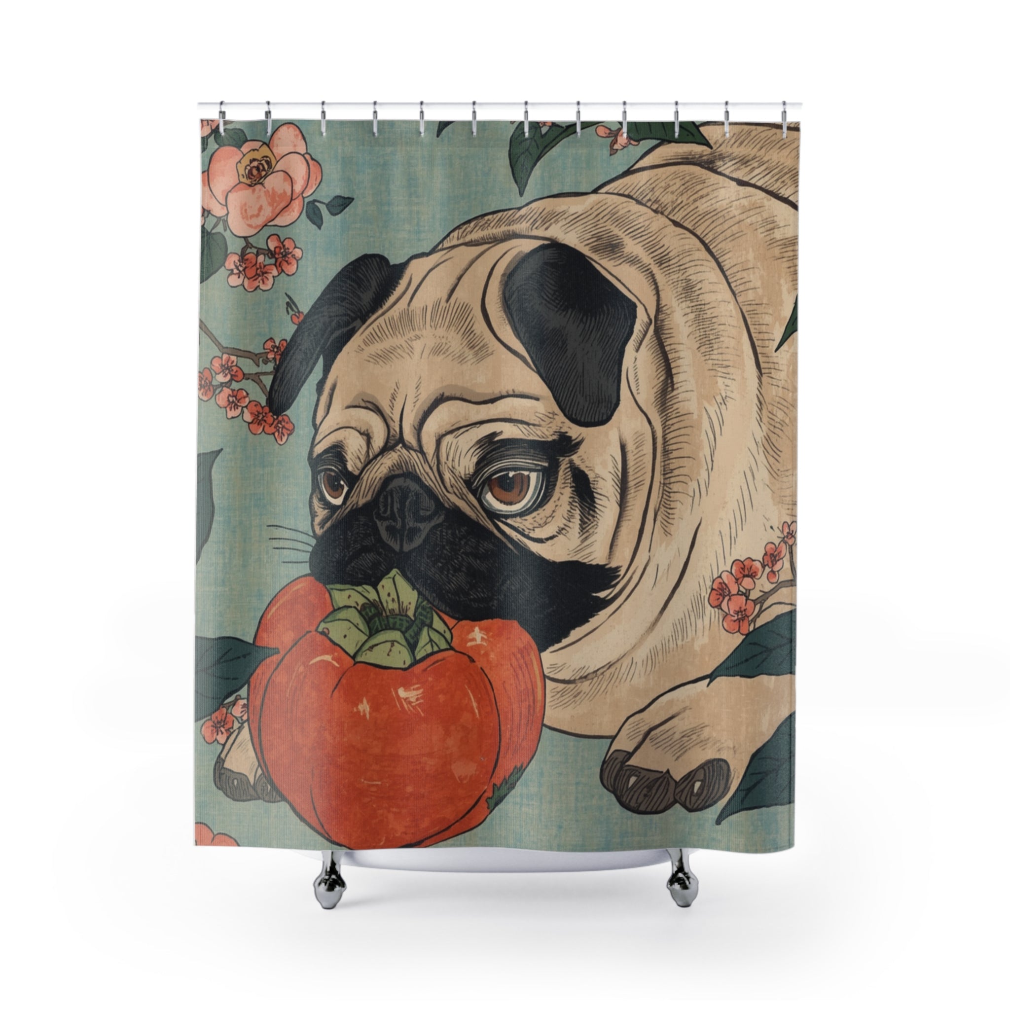Pug with Persimmon Shower Curtain | Floral Vintage Dog Bathroom Decor