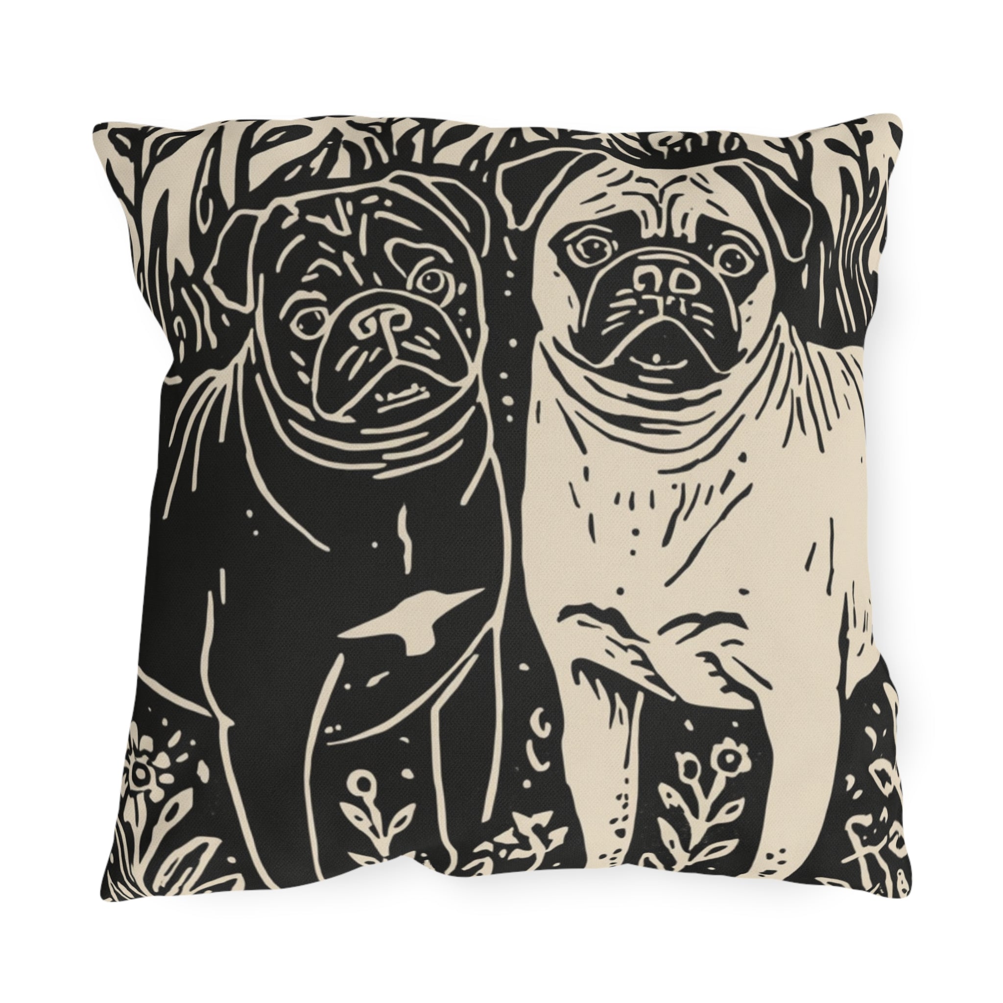 Black and Fawn Pug linocut Art Outdoor Pillows | Pug Patio Decor, Waterproof Two-Sided