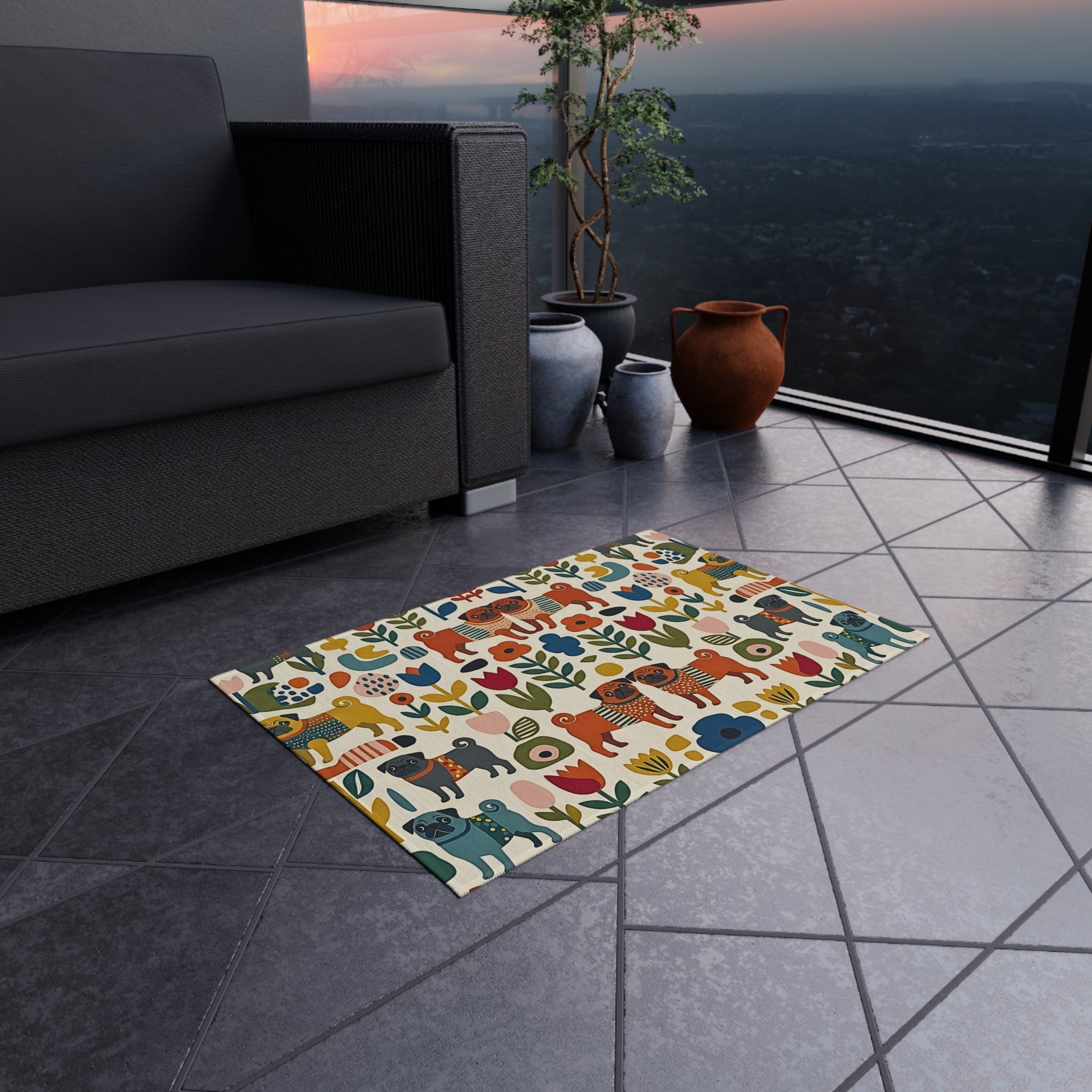 Scandinavian Folk Dogs Outdoor Rug | Floral Pattern Patio Mat