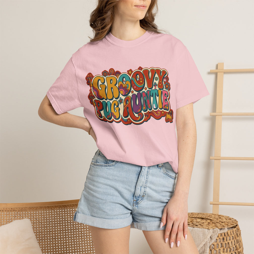 Groovy Pug Auntie T-Shirt | Retro 70s Psychedelic Dog Graphic