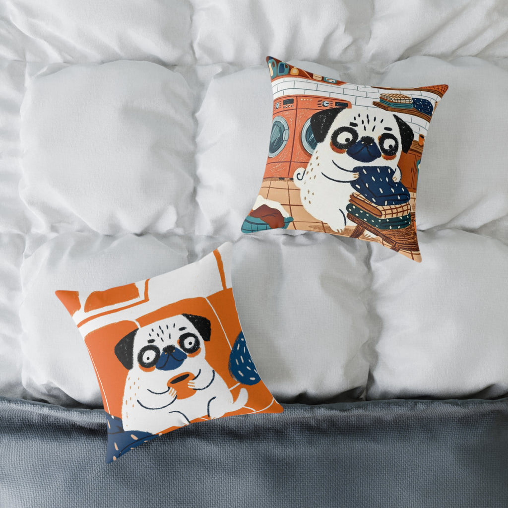Vintage Pug Art Square Poly Canvas Pillow | Two-Sided Pug Throw Pillow