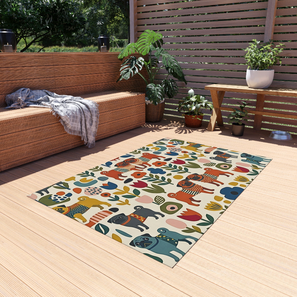 Scandinavian Folk Dogs Outdoor Rug | Floral Pattern Patio Mat