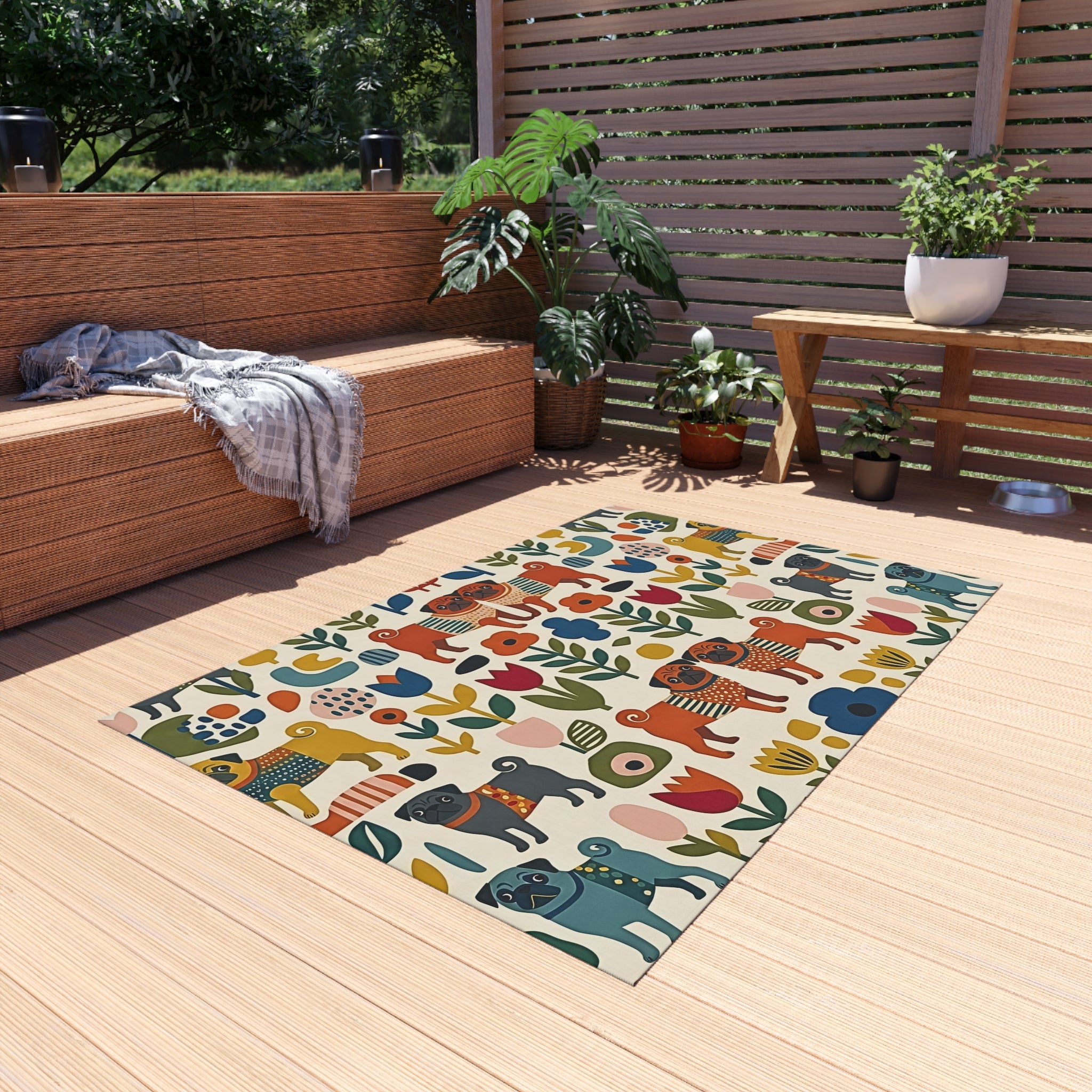 Scandinavian Folk Dogs Outdoor Rug | Floral Pattern Patio Mat