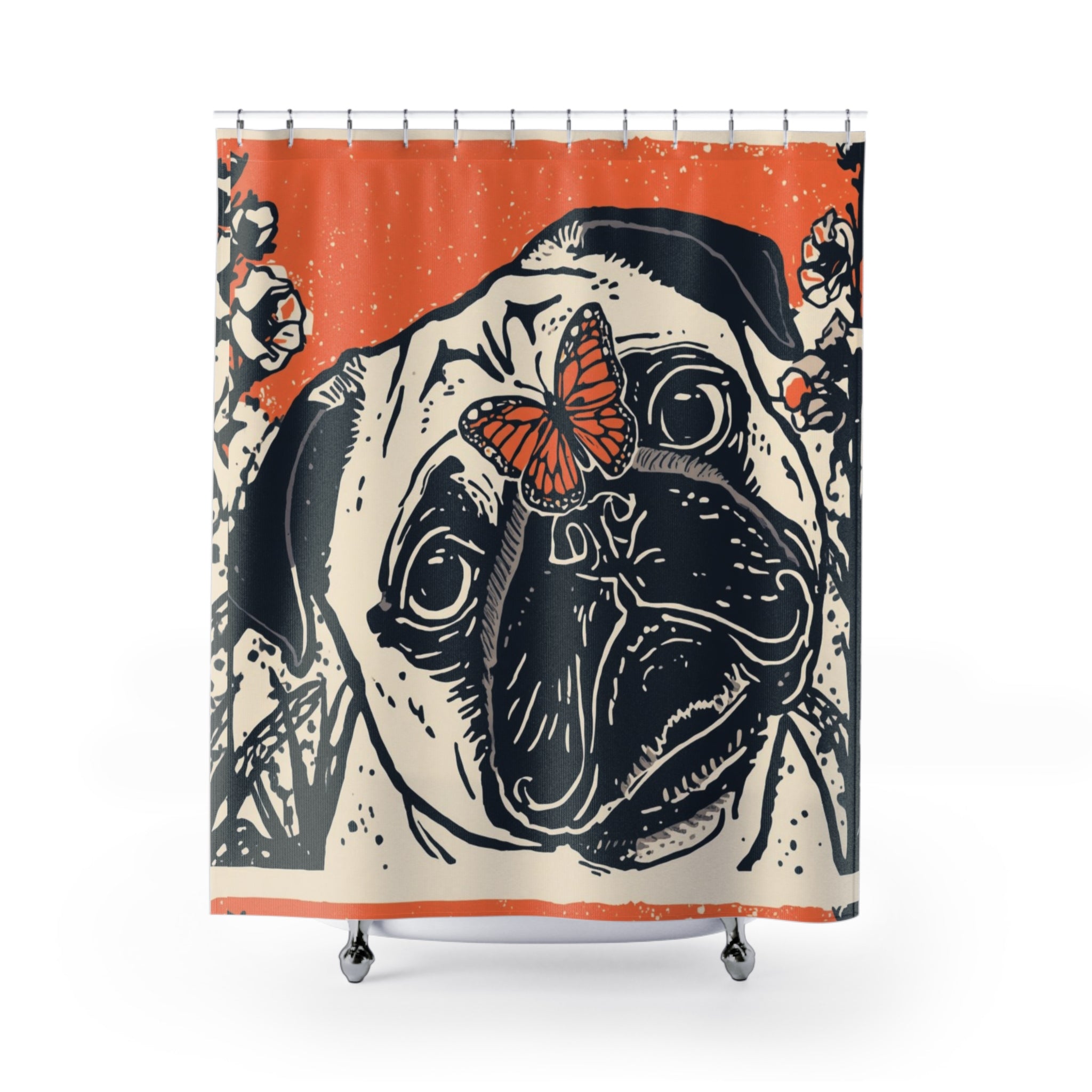 Pug Linocut Art Shower Curtain | Vintage Pug Bathroom Decor