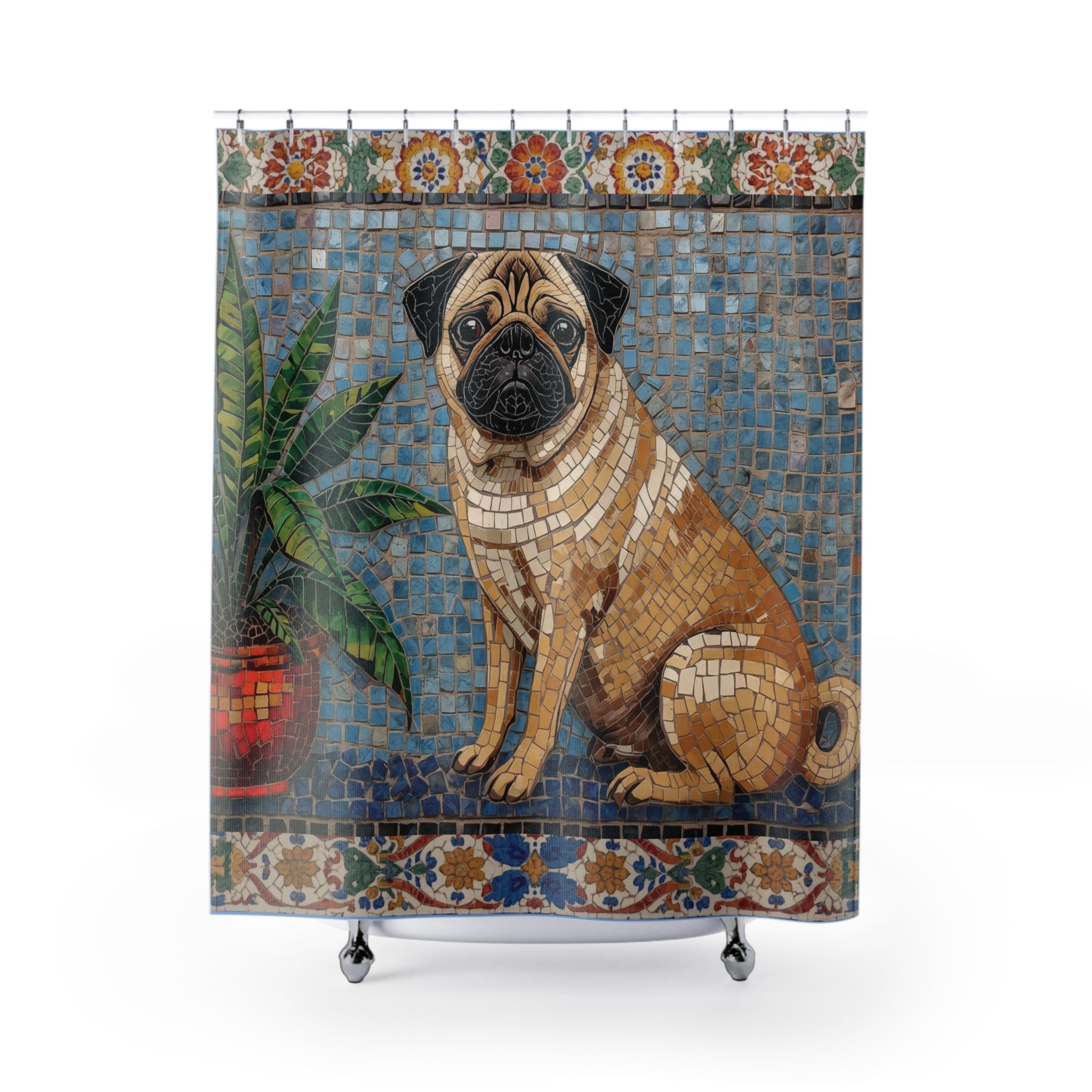 Pug Mosaic Shower Curtain | Tile Art Bathroom Decor