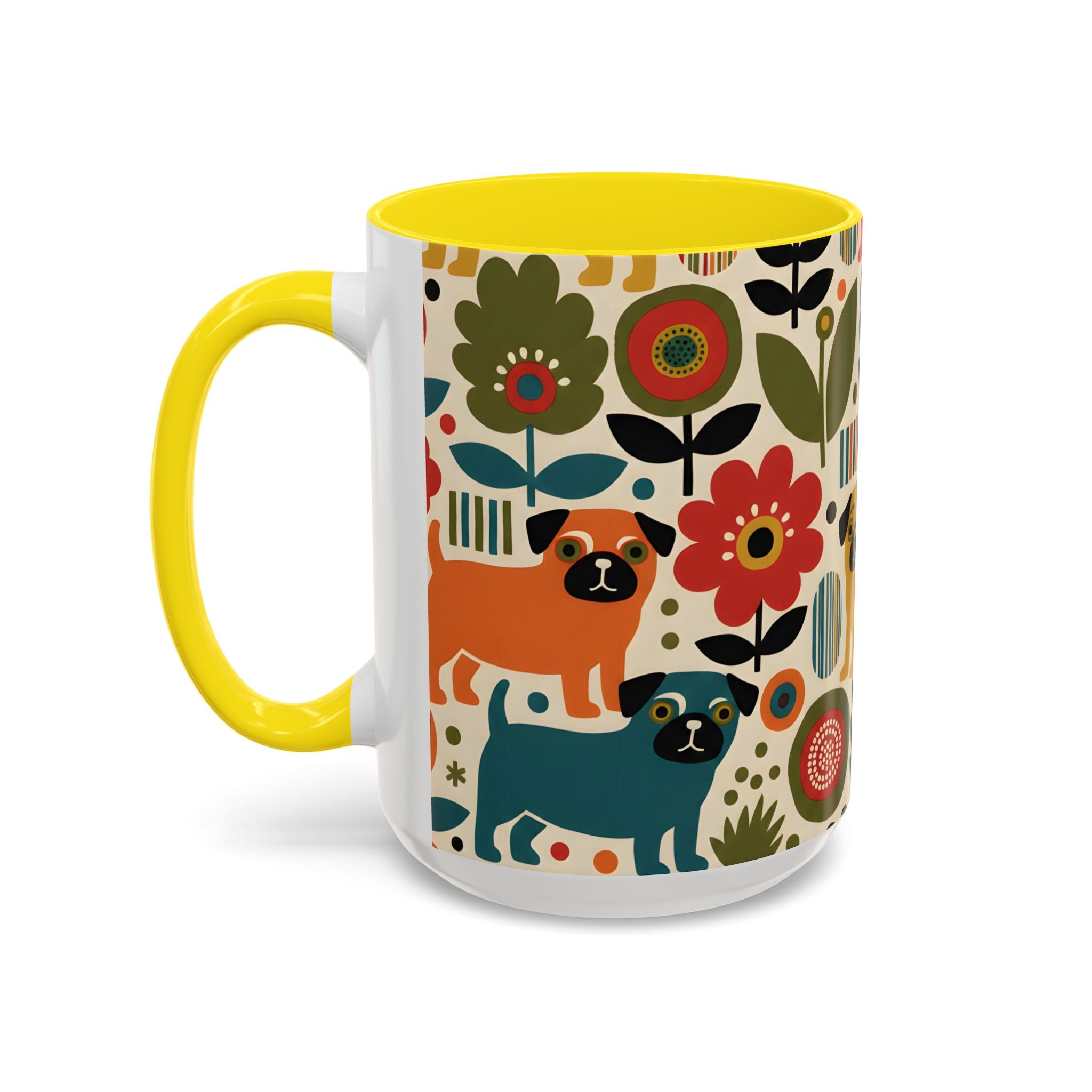 Midcentury Pug Accent Coffee Mug — Marimekko‑Style Pug Mom Gift (11/15 oz)