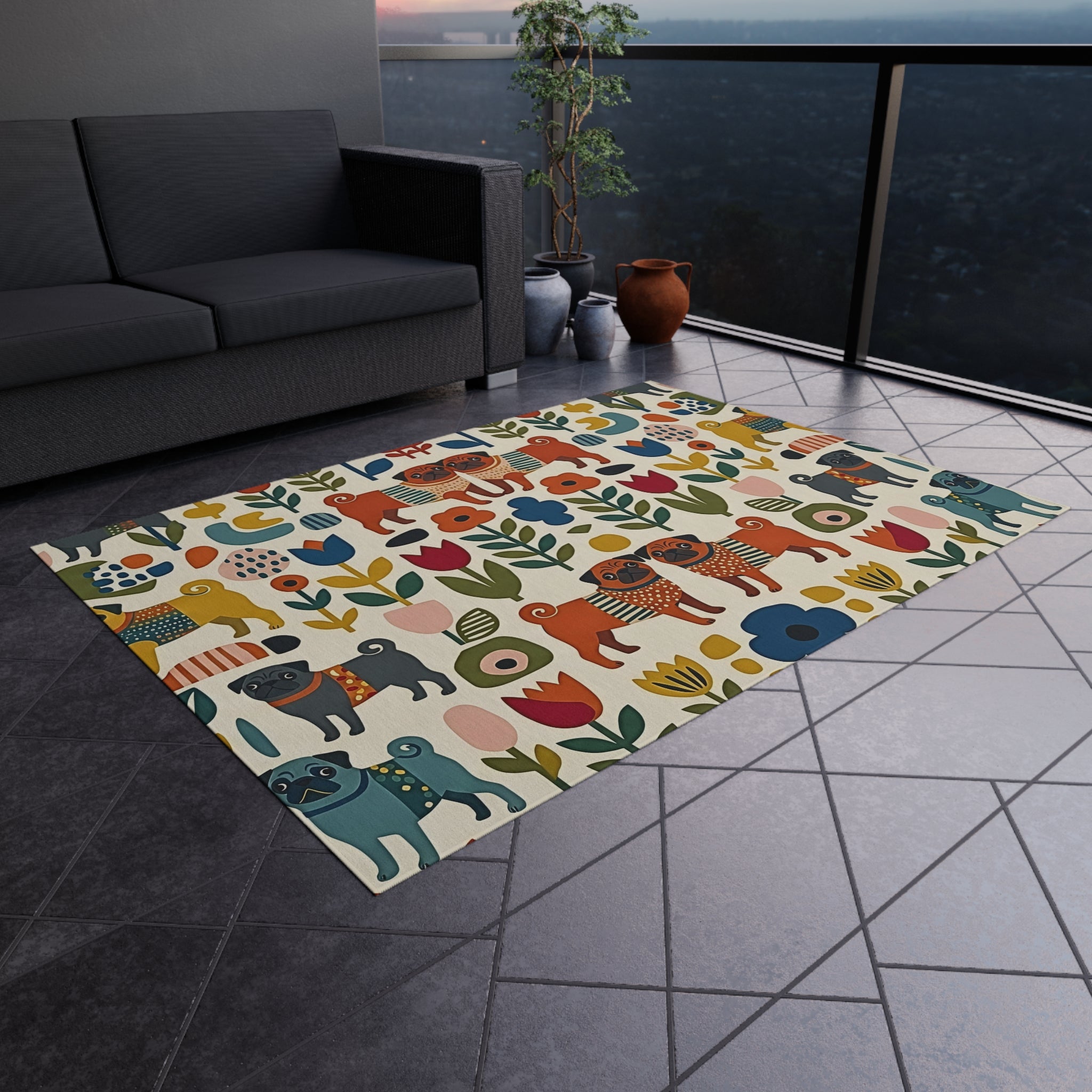 Scandinavian Folk Dogs Outdoor Rug | Floral Pattern Patio Mat
