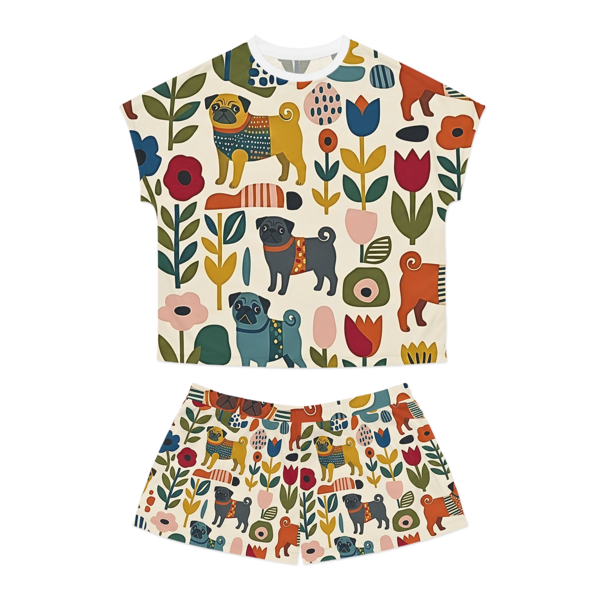 Boho Floral Pug Pajama Set Women's Short Pajamas | Cute Pug Pattern