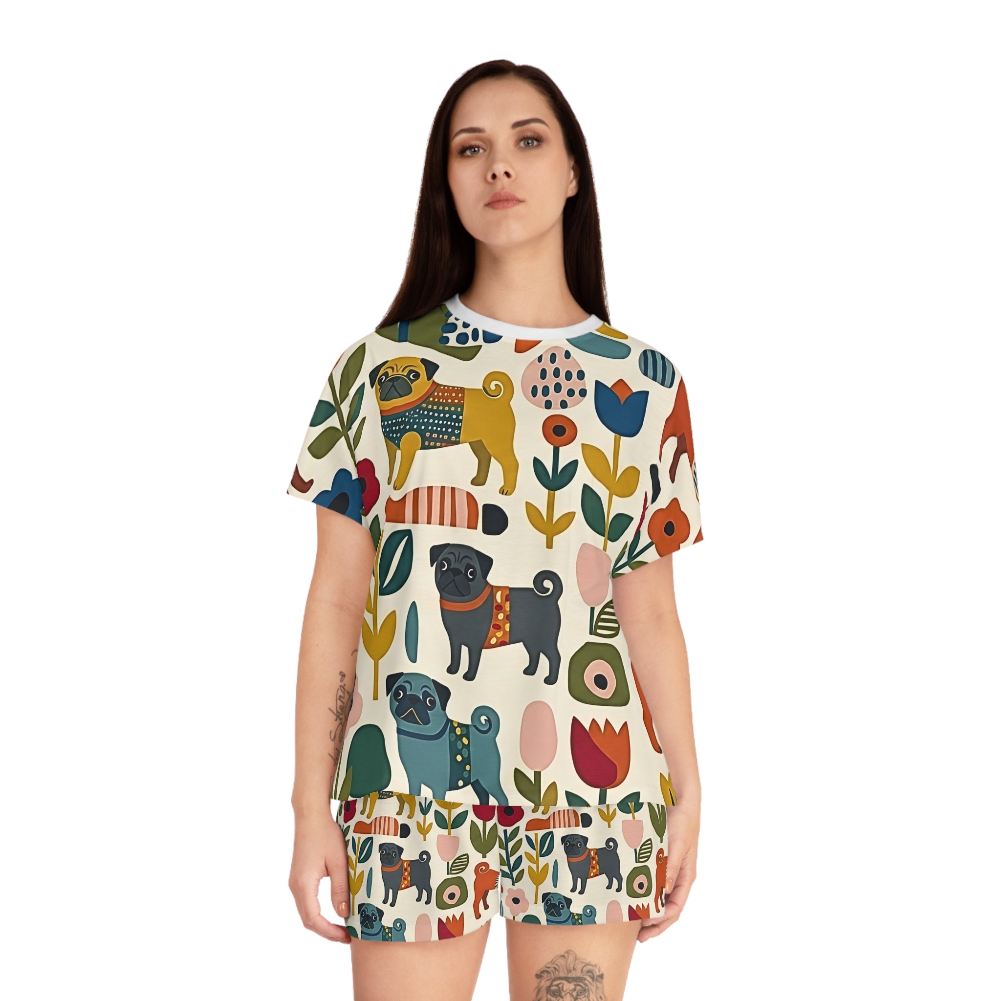 Boho Floral Pug Pajama Set Women's Short Pajamas | Cute Pug Pattern