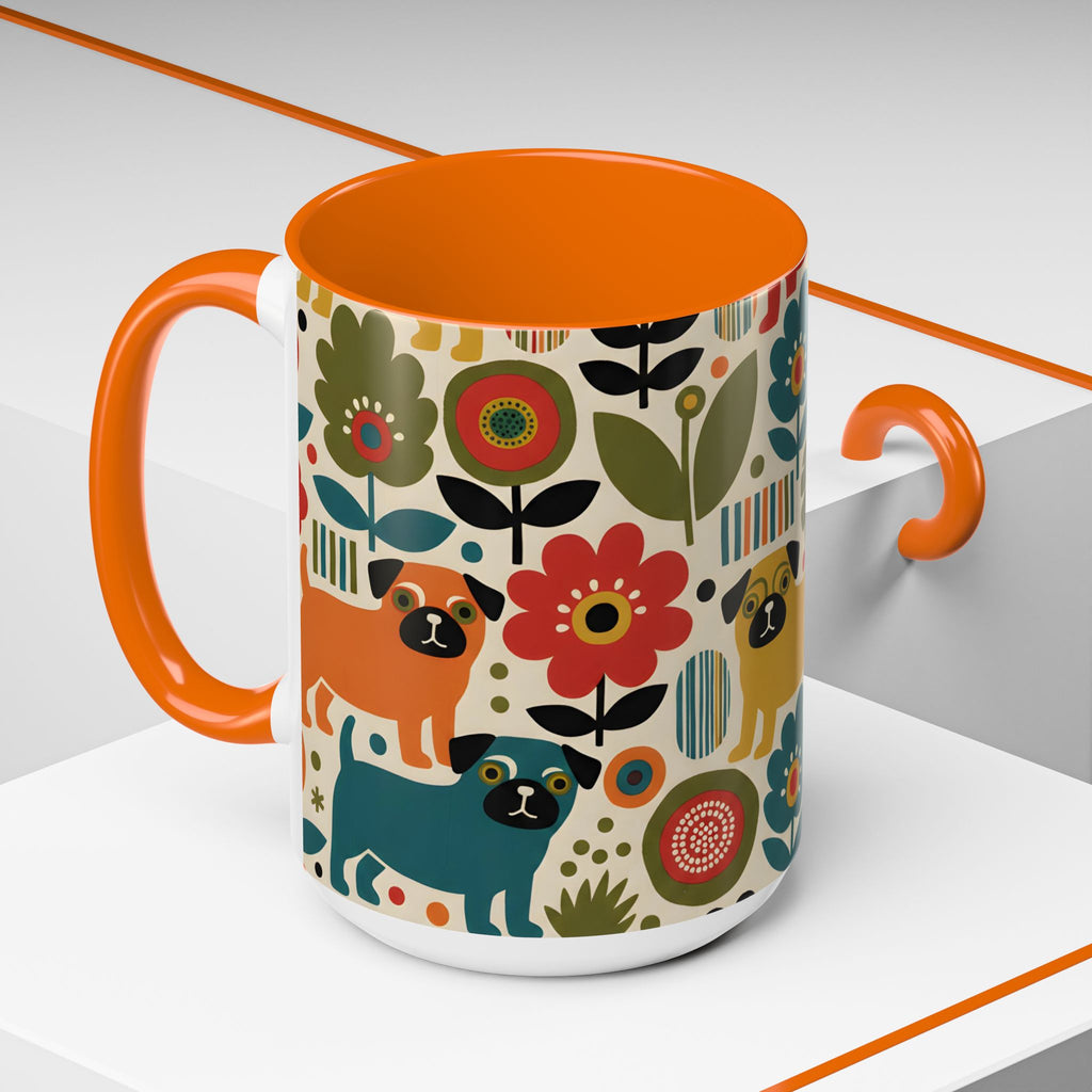 Midcentury Pug Accent Coffee Mug — Marimekko‑Style Pug Mom Gift (11/15 oz)