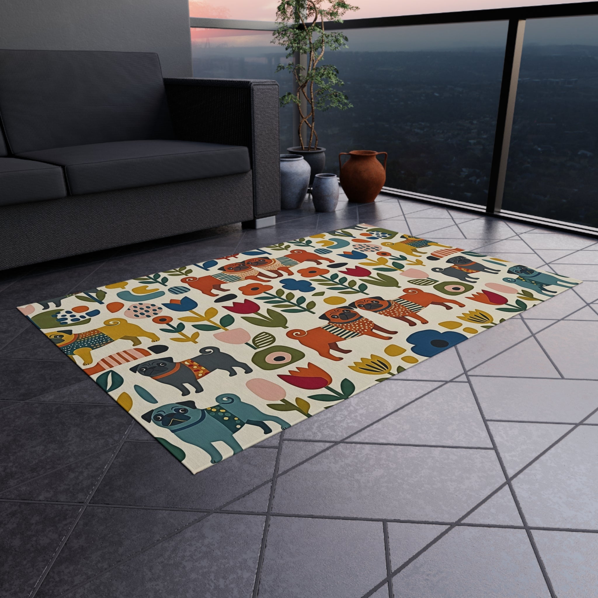Scandinavian Folk Dogs Outdoor Rug | Floral Pattern Patio Mat