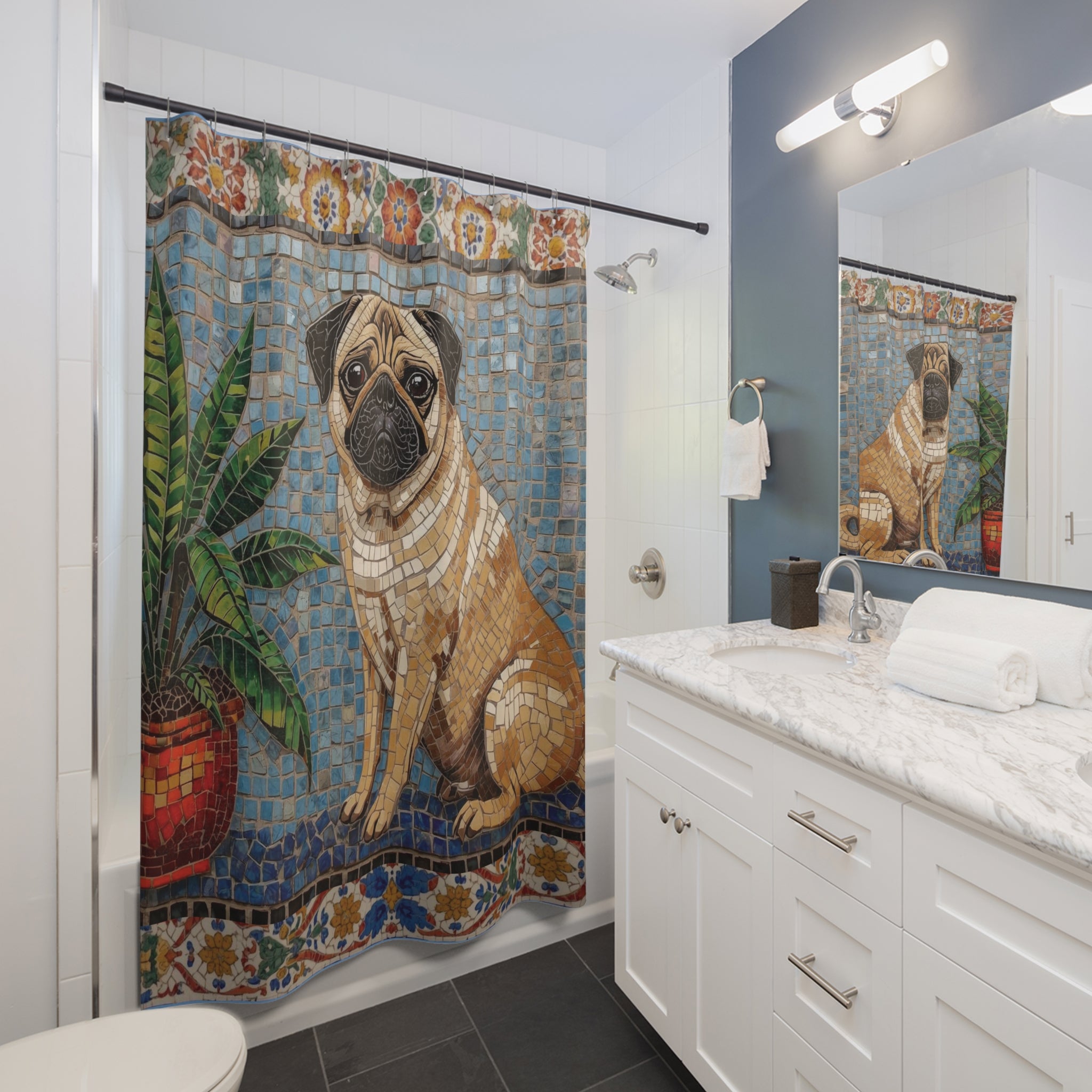 Pug Mosaic Shower Curtain | Tile Art Bathroom Decor
