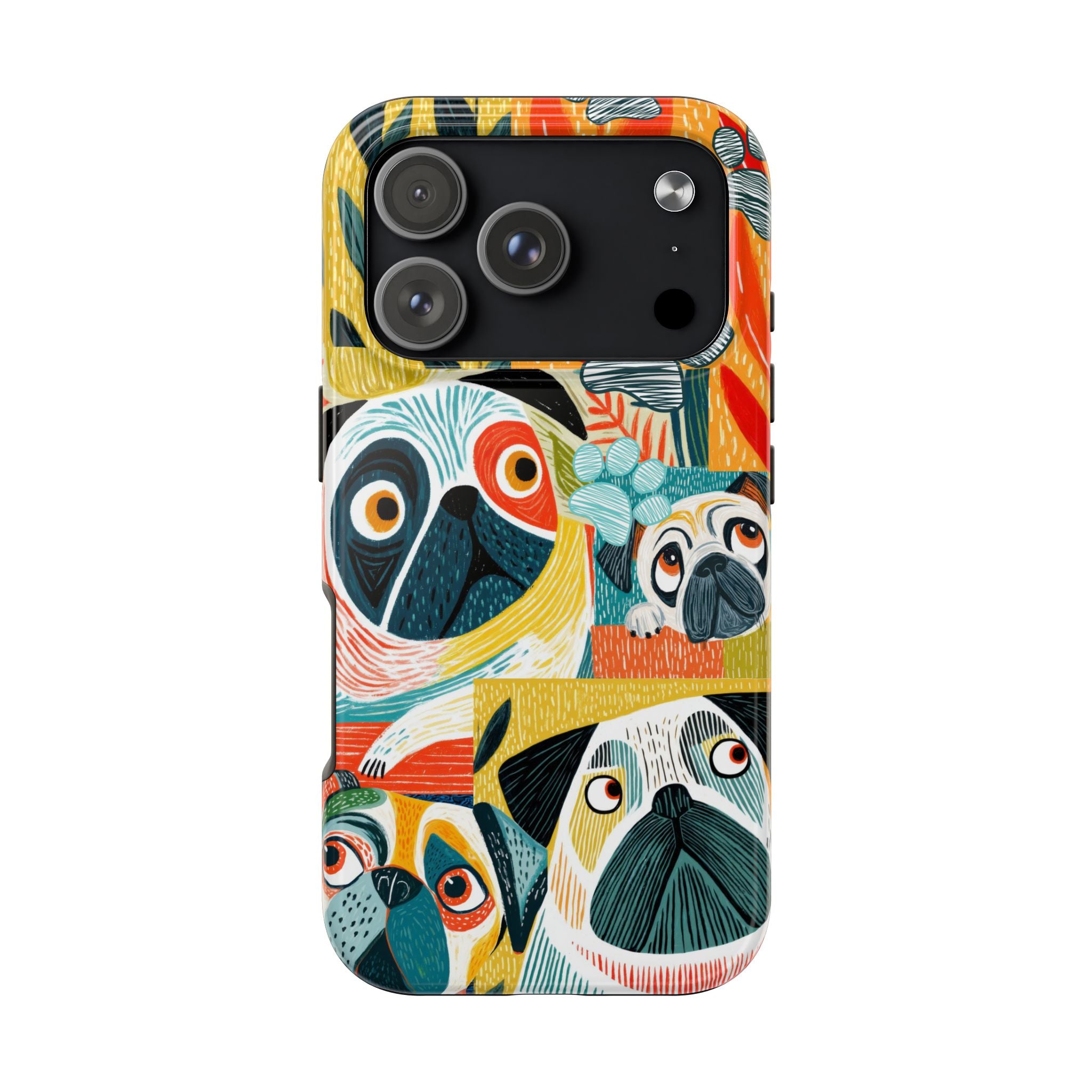 Colorful Pug Collage Phone Case | Cute Dog Art, Floral Accents